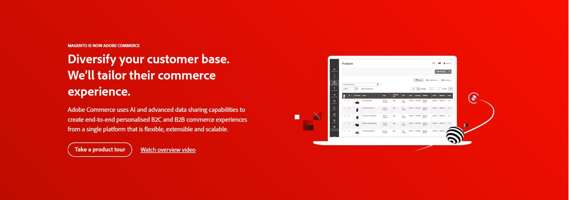 The Adobe Commerce landing page, formerly Magento, headlined “Diversify your customer base”