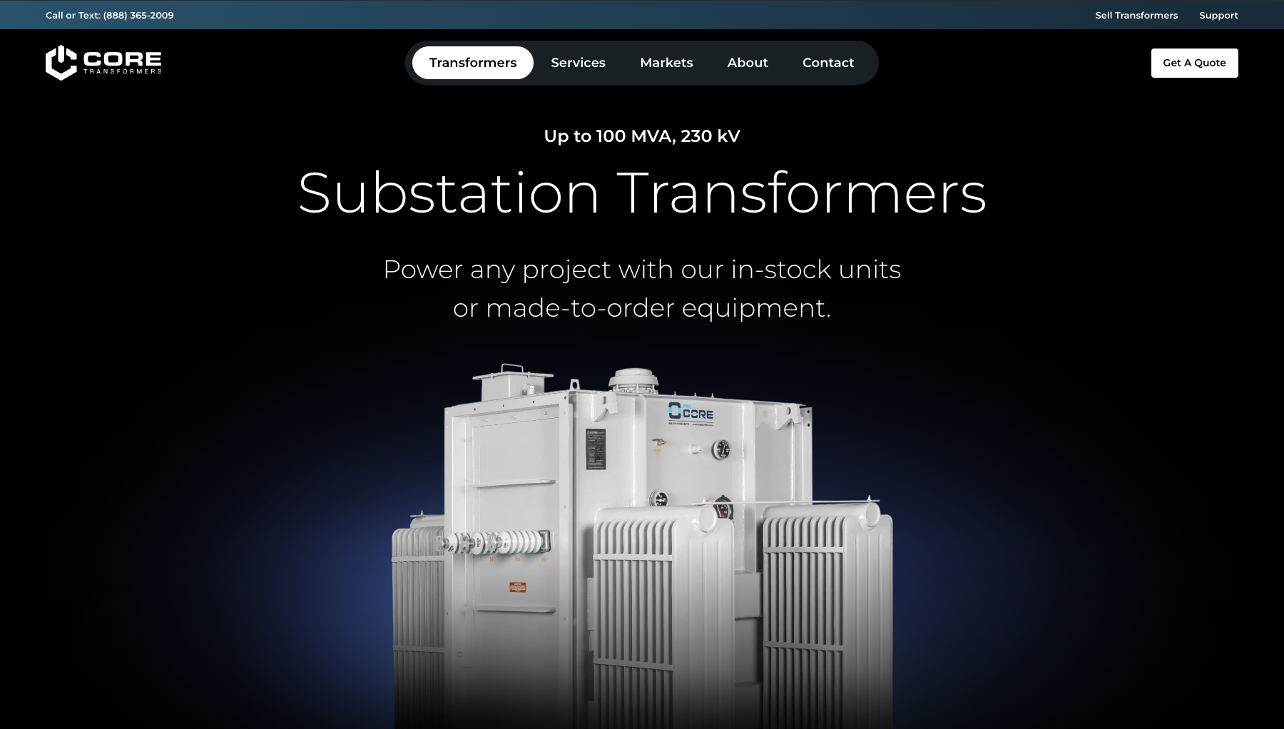 The Substation Transformers page on the CORE Transformers website, rated up to 100 MVA and 230 kV