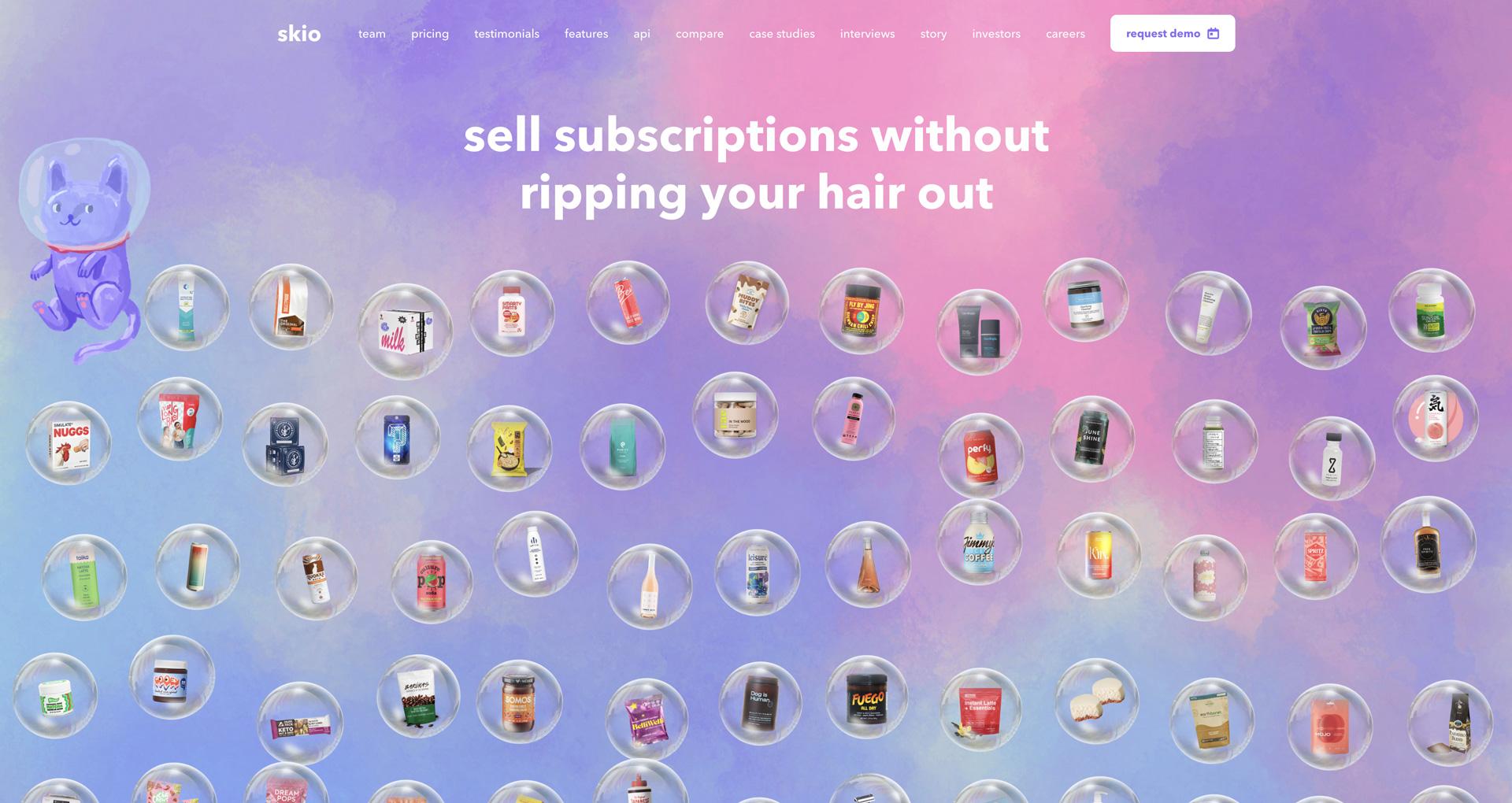 Skio homepage: "Sell subscriptions without ripping your hair out" over a pastel background of product bubbles