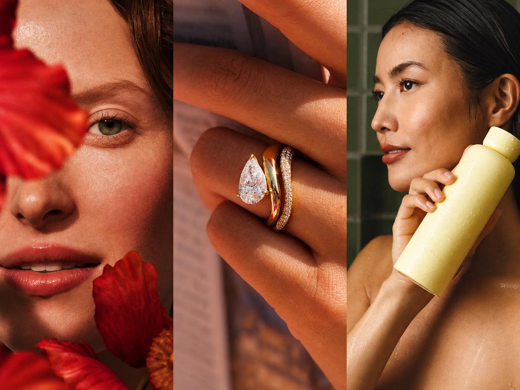 Brand photography from three of our Shopify clients: Irene Forte, Kimai and Jupiter