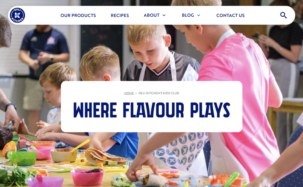 The Deli Kitchen Kids Club campaign page, with children cooking and the heading Where flavour plays