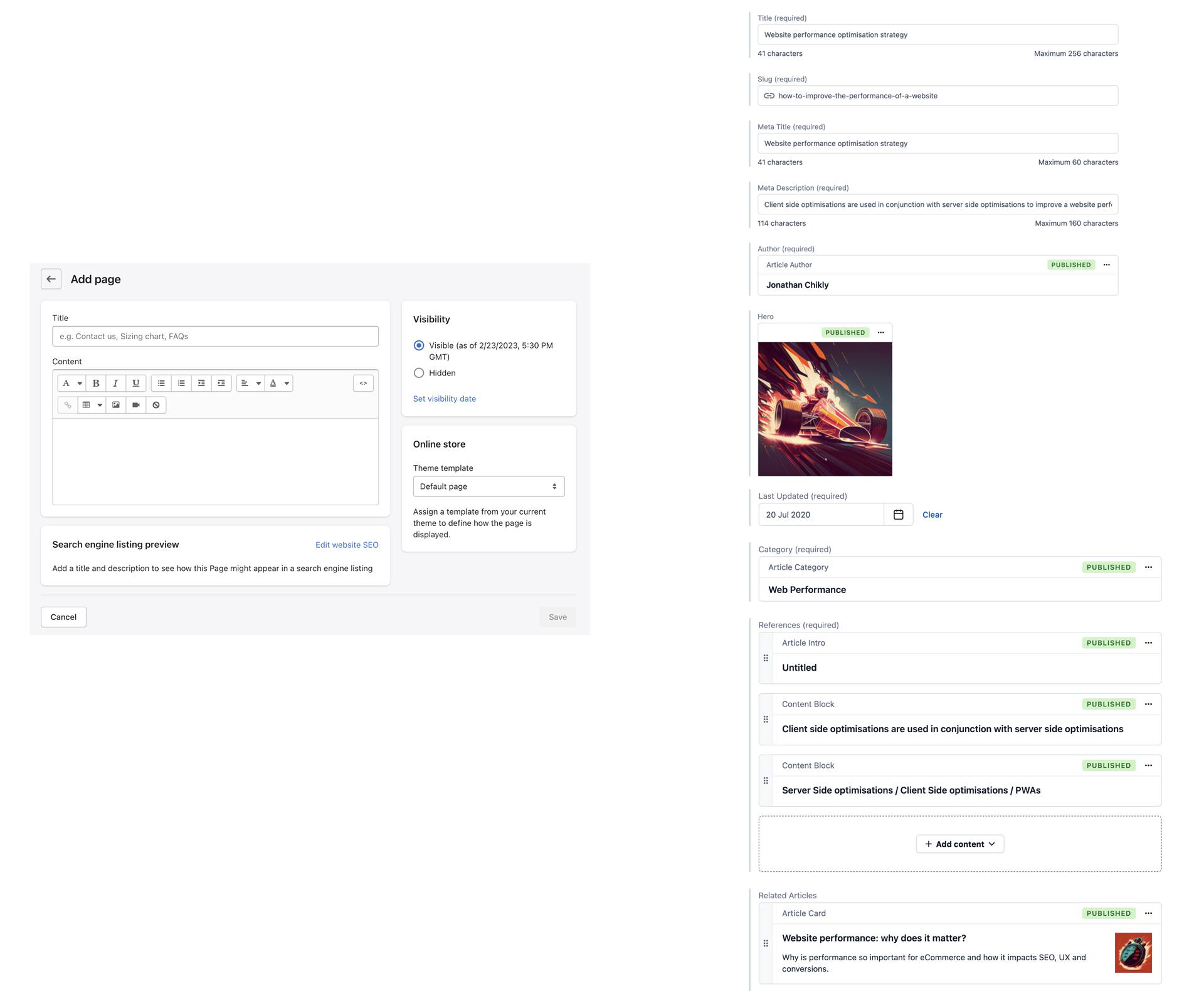 A Shopify page editor beside a Contentful entry editor, comparing how each one models the same page's content