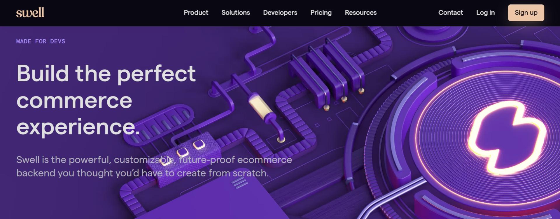 Swell homepage: "Build the perfect commerce experience", aimed at developers