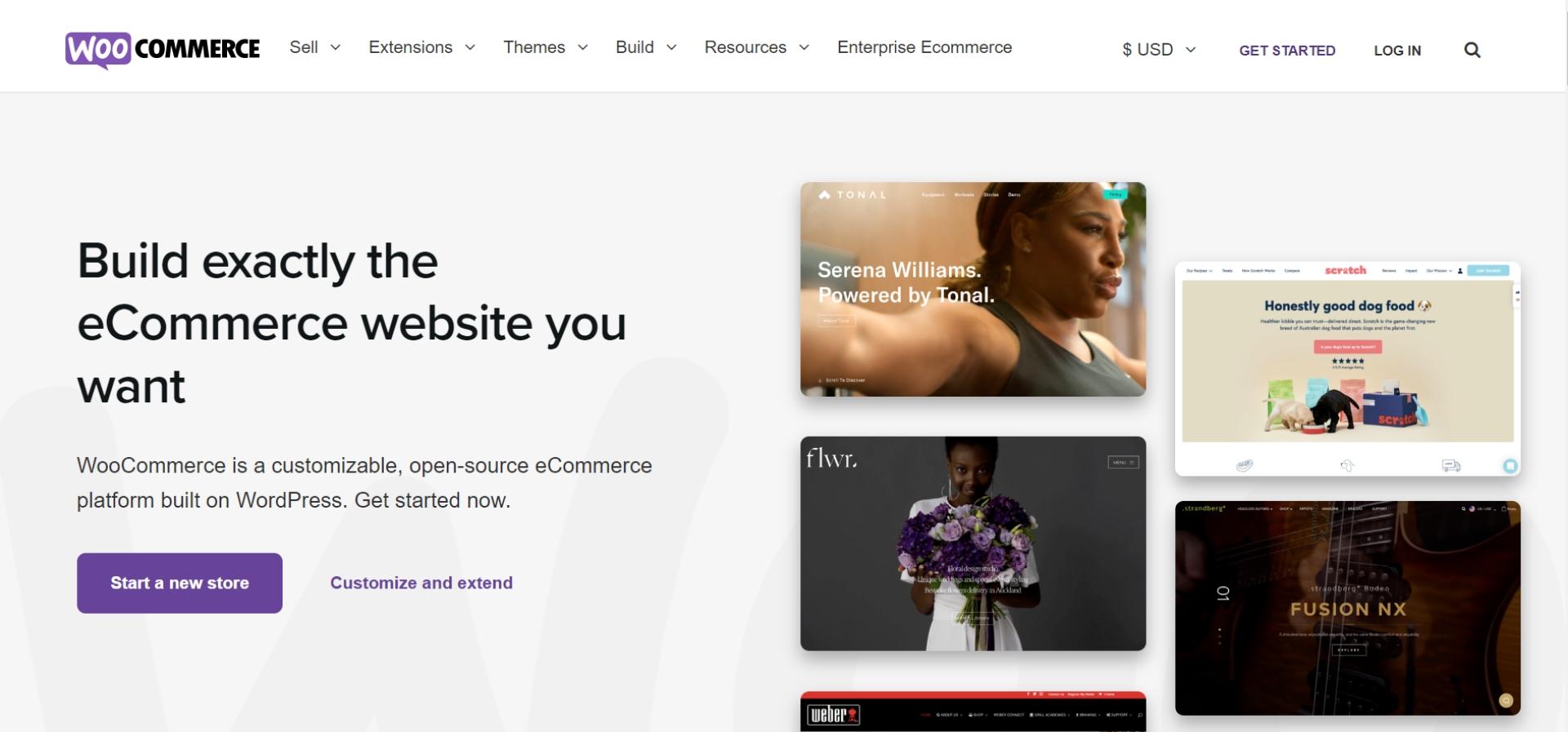 The WooCommerce homepage, headlined “Build exactly the eCommerce website you want”, with example storefronts alongside