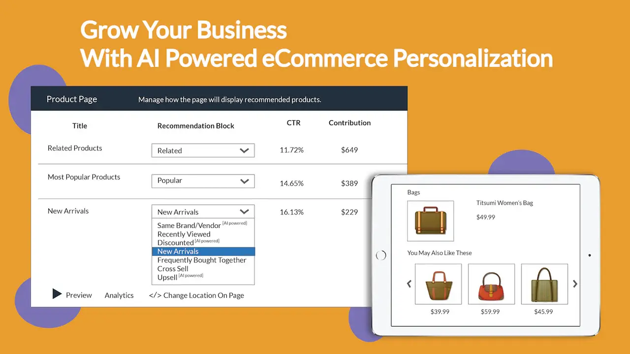 AI-powered eCommerce personalization tool: recommendation block settings next to a "You may also like" product carousel