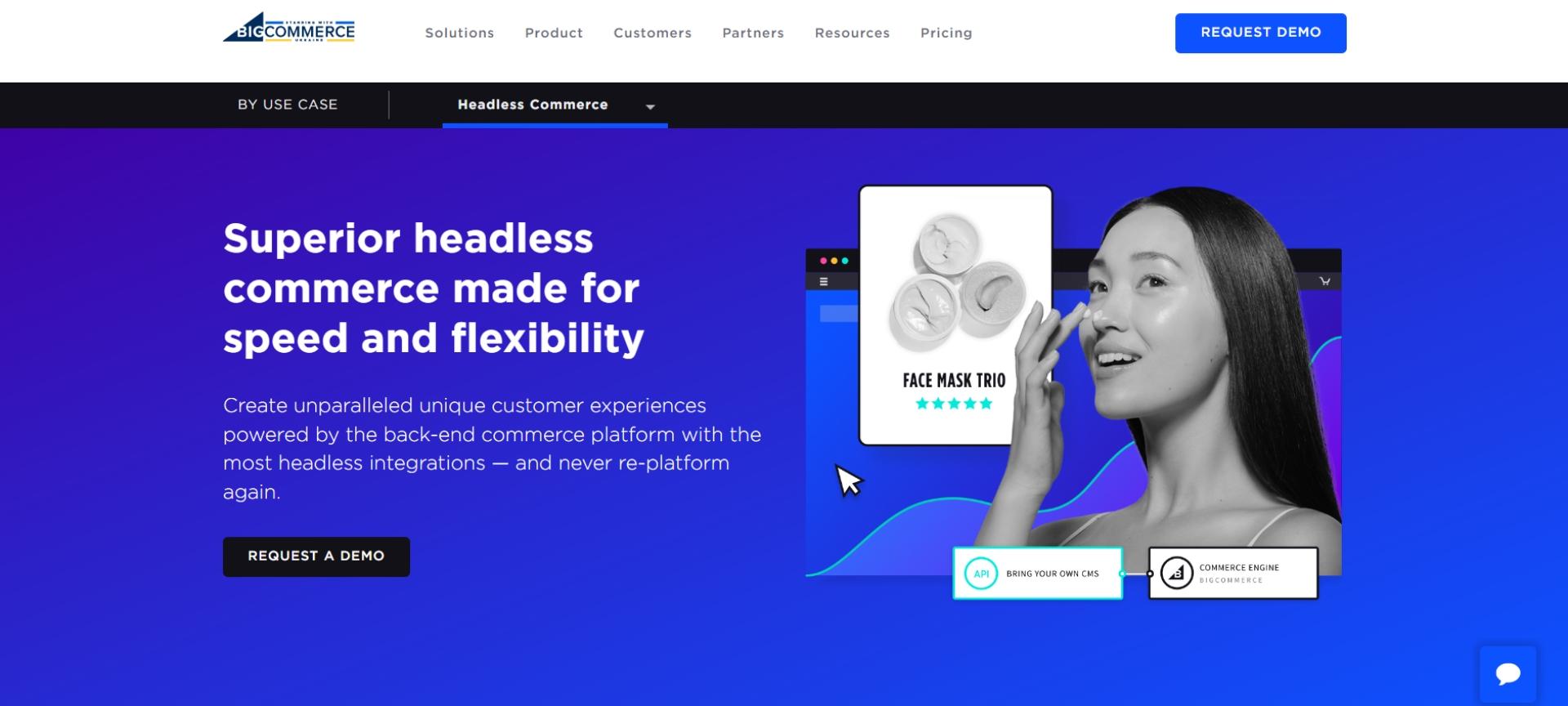 BigCommerce's headless commerce page, headlined “Superior headless commerce made for speed and flexibility”