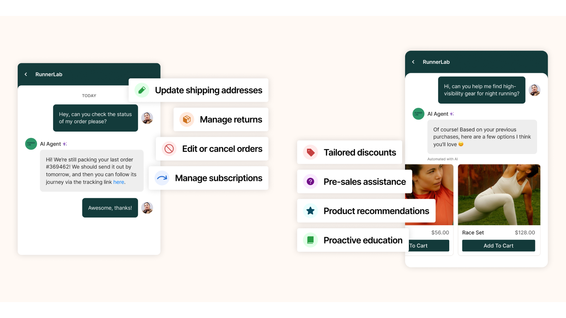 Gorgias AI agent chat answering order status and product questions, with its support and sales tasks listed