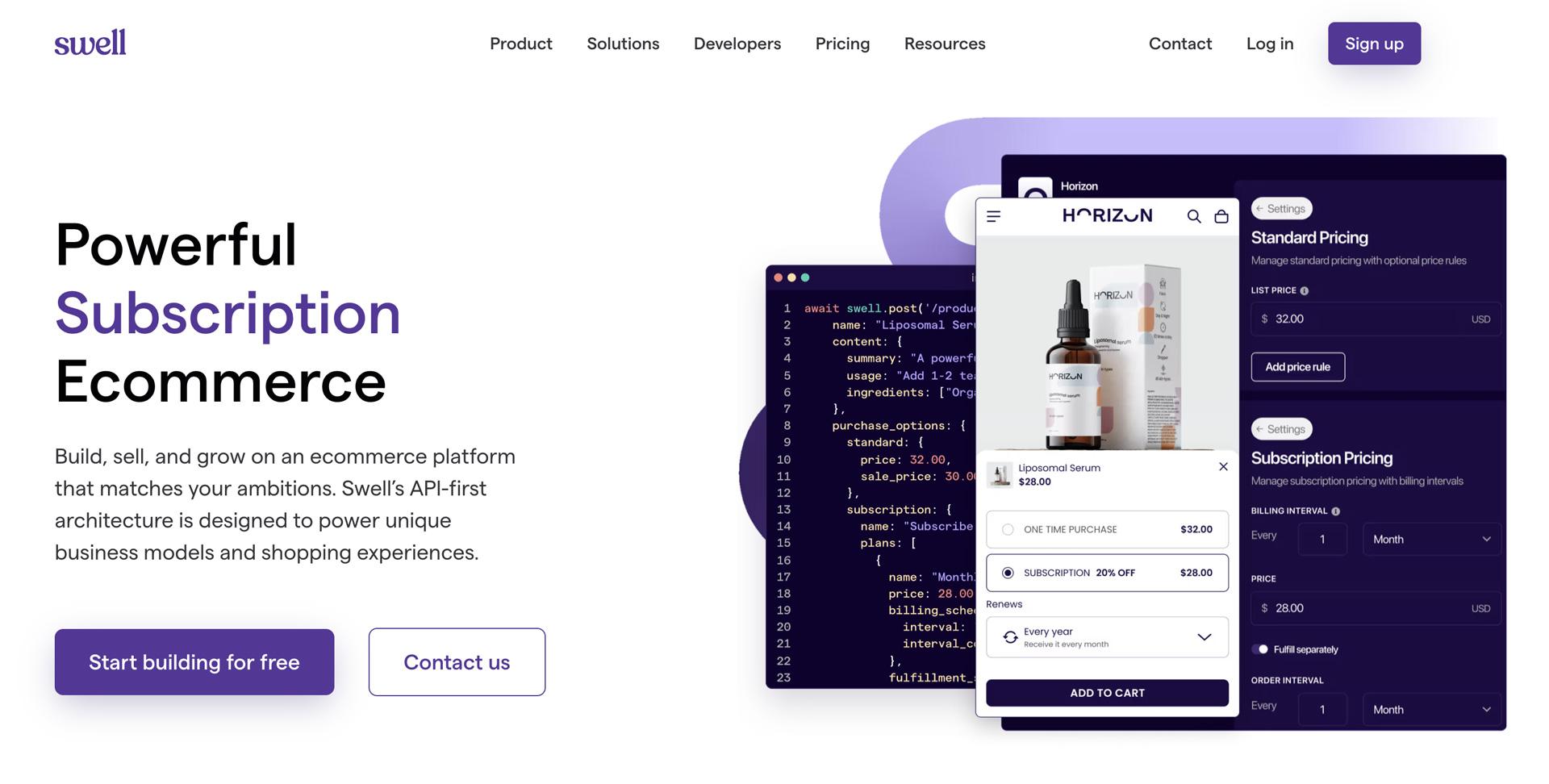 Swell homepage: "Powerful Subscription Ecommerce", with a product page and subscription pricing settings