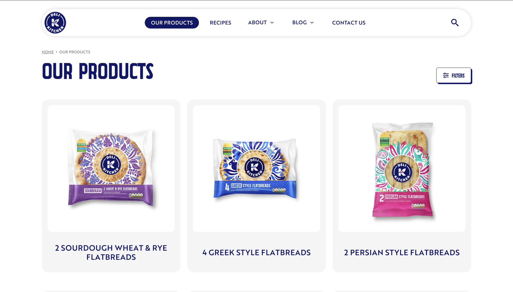 The Deli Kitchen products page, with sourdough, Greek-style and Persian-style flatbreads