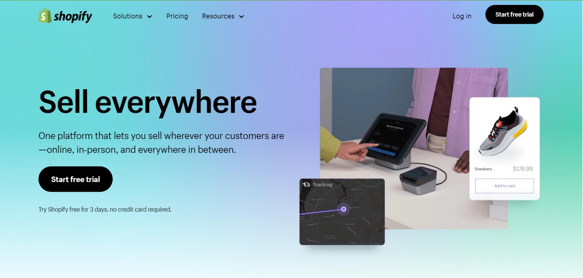 The Shopify homepage, headlined “Sell everywhere”, showing its in-person and online selling tools