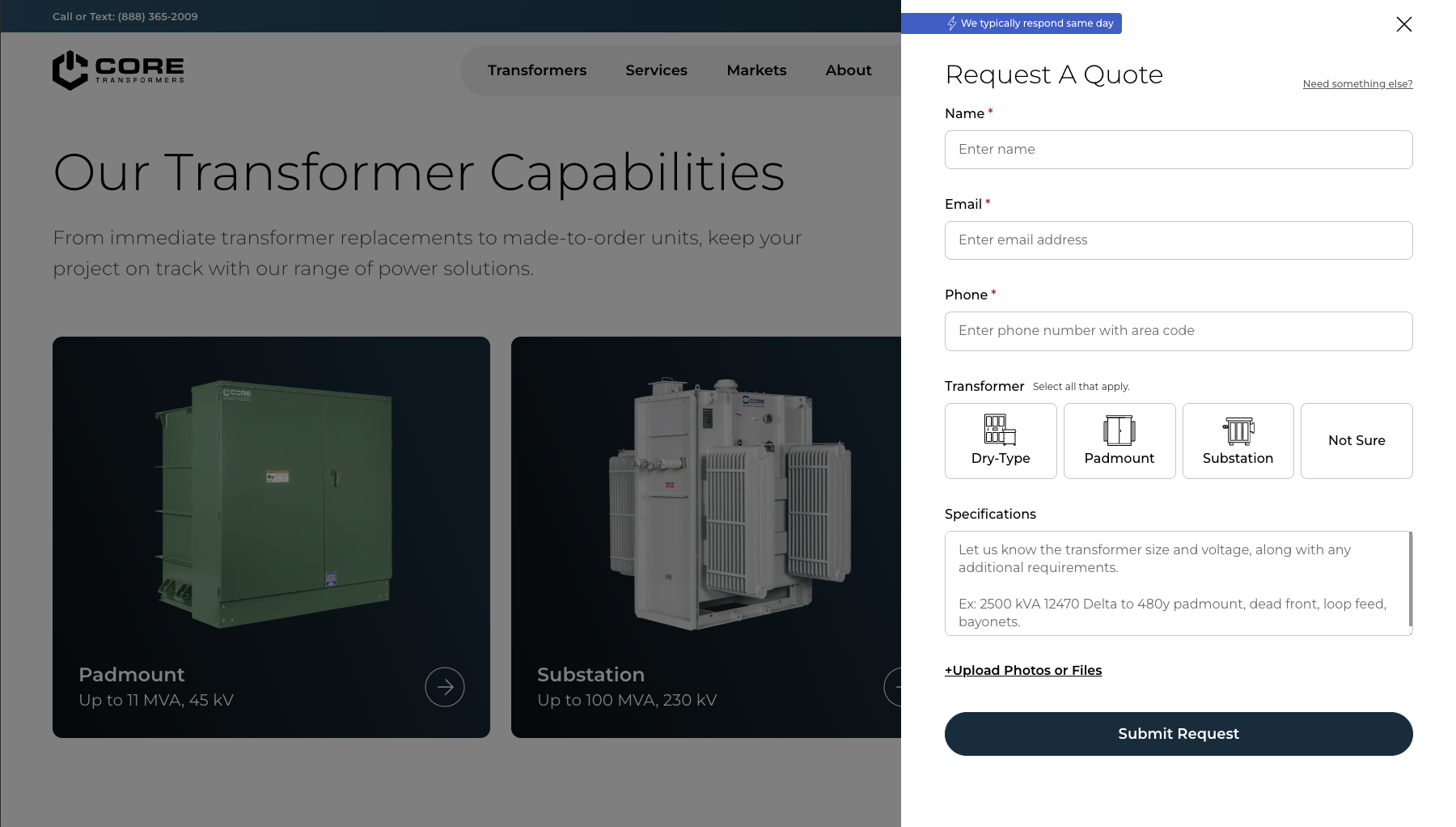 The Request a Quote form open over the CORE Transformers capabilities page