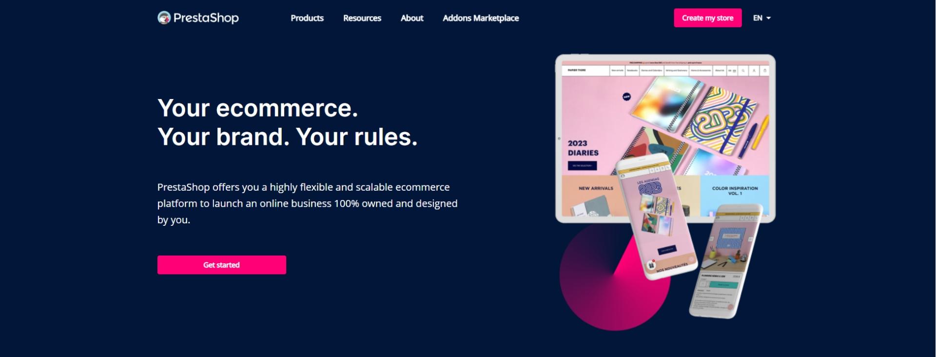 The PrestaShop landing page, headlined “Your ecommerce. Your brand. Your rules.”