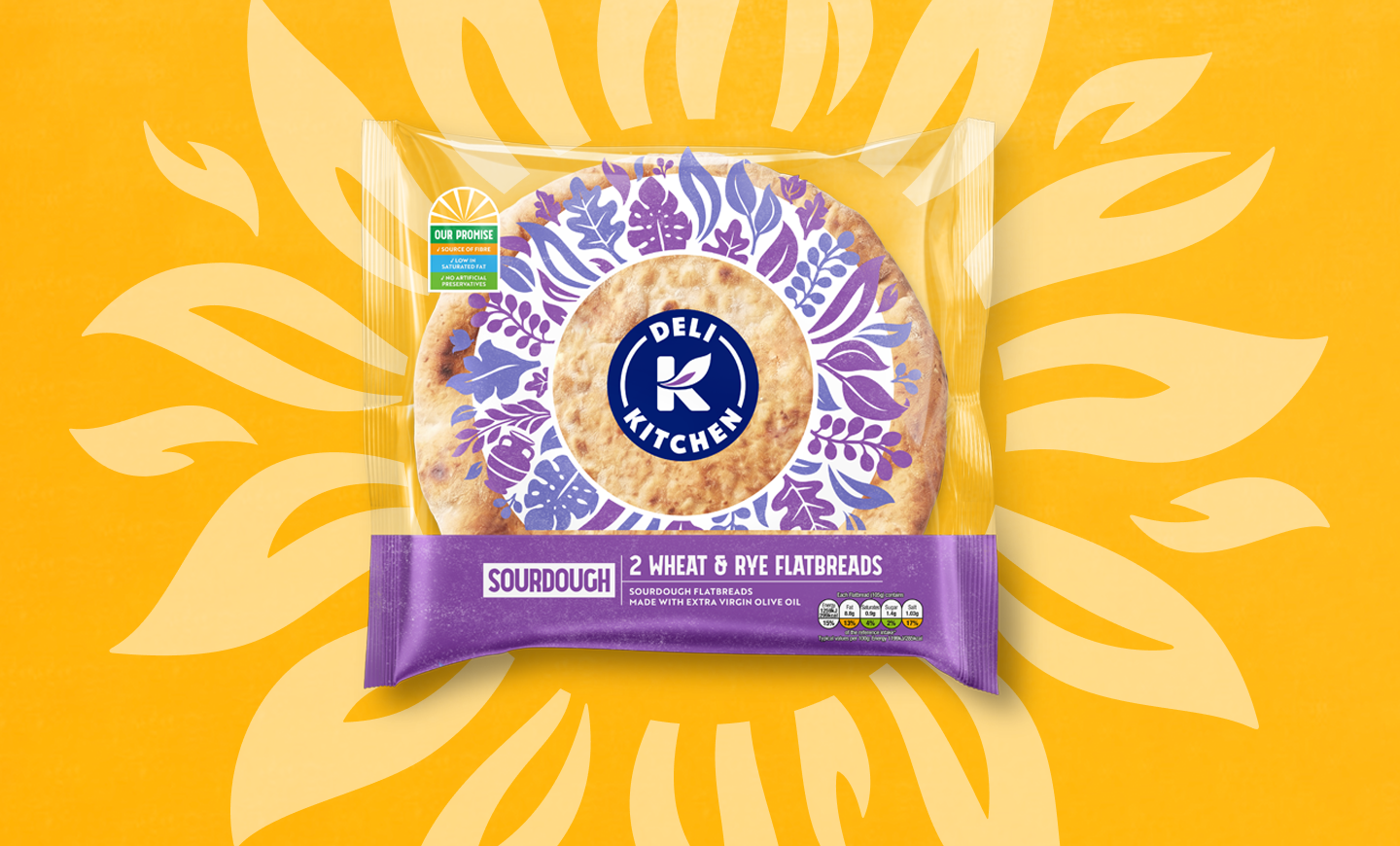 A Deli Kitchen sourdough wheat and rye flatbread pack against a yellow sunburst background