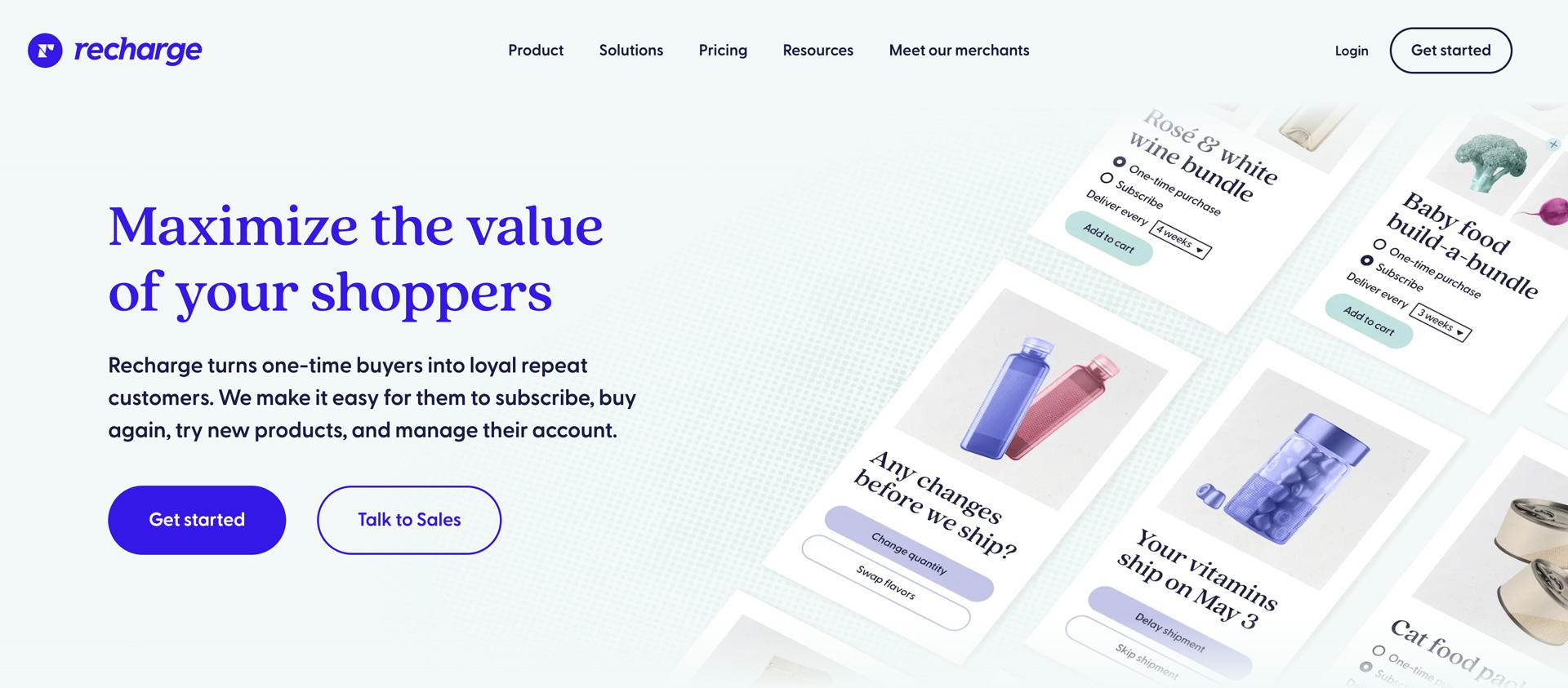 Recharge homepage: "Maximize the value of your shoppers", with subscription product cards