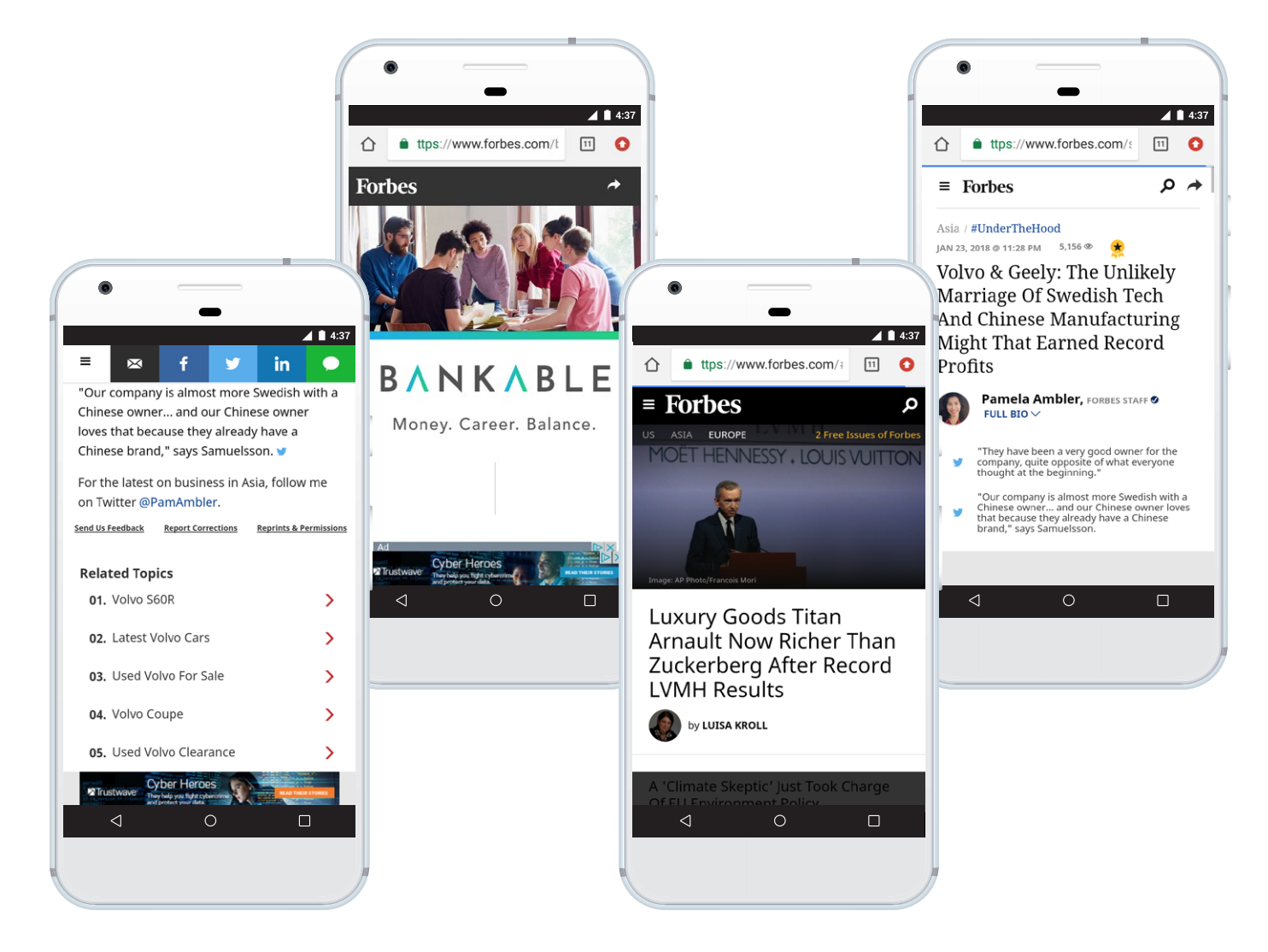 Four phones showing Forbes' PWA article pages