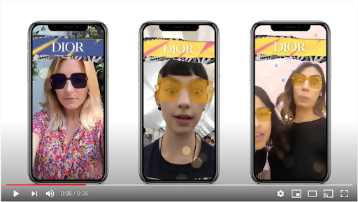 Three phones showing Dior's Instagram try-on filters with virtual sunglasses