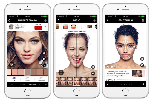 Three phones showing Sephora's app trying on lipstick, eyeshadow looks and contouring on faces
