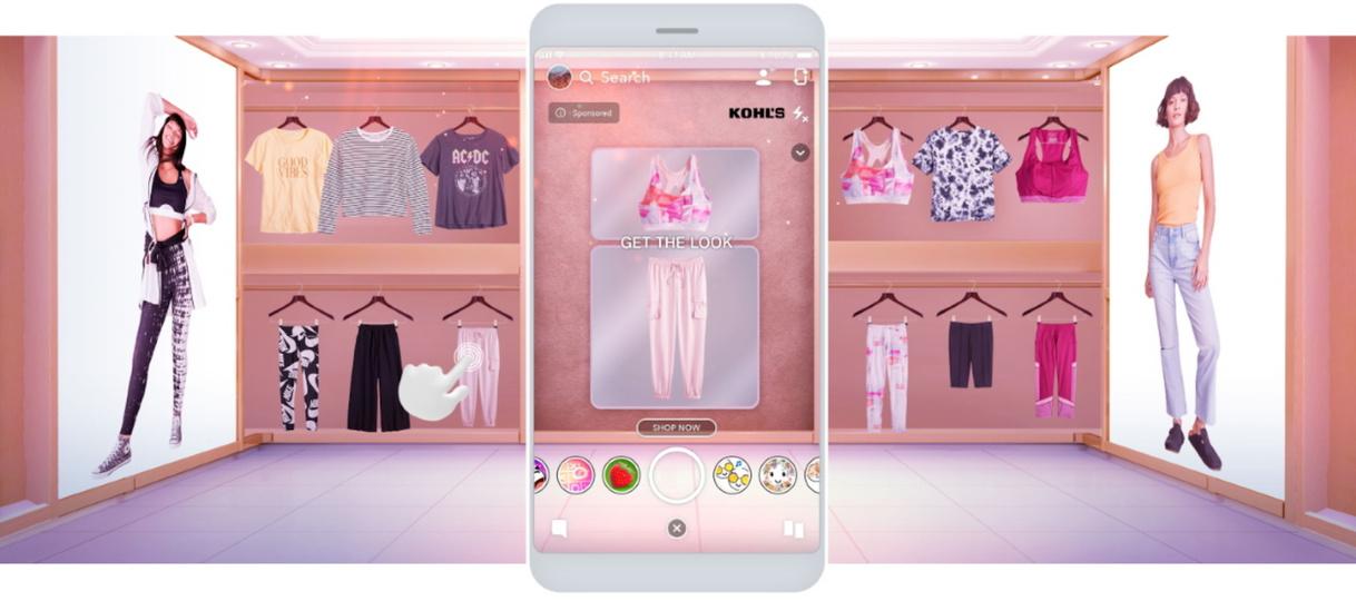 Kohl's AR experience: a phone showing a virtual closet of clothing inside a pink store