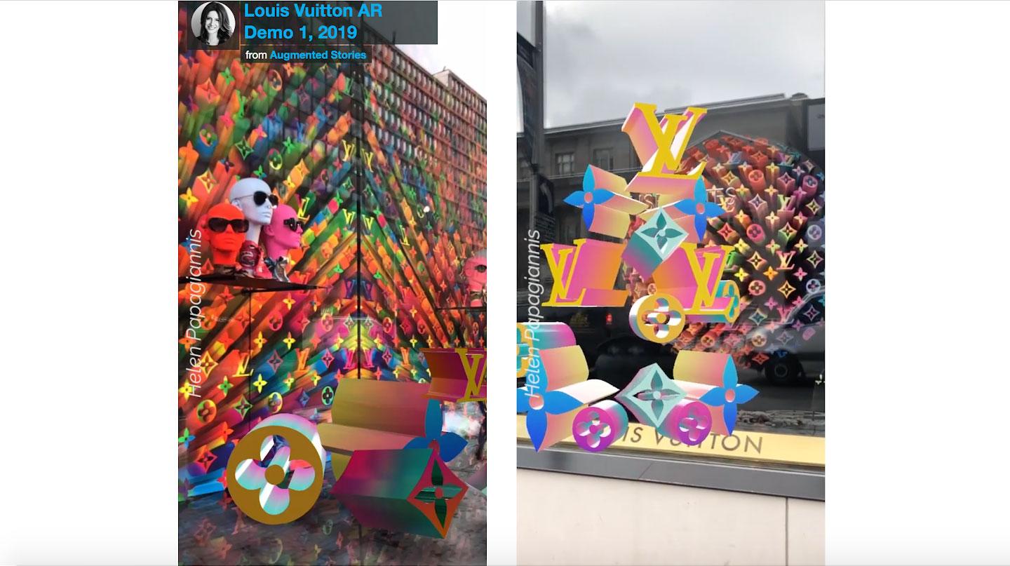Louis Vuitton AR demo: colorful monogram artwork overlaid on a building and a storefront