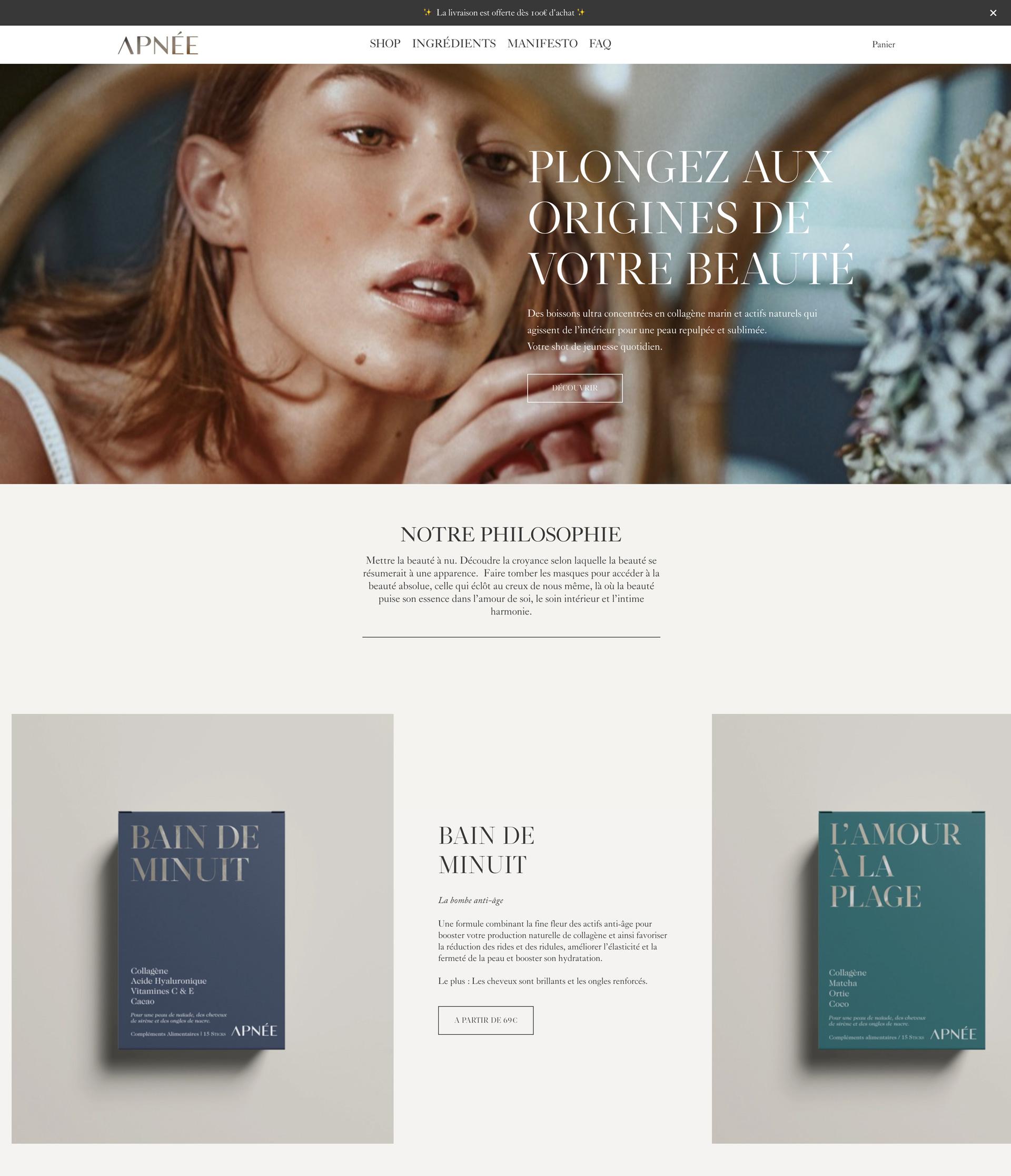 The Apnée homepage, with a hero image and the Bain de Minuit and L'Amour à la Plage products