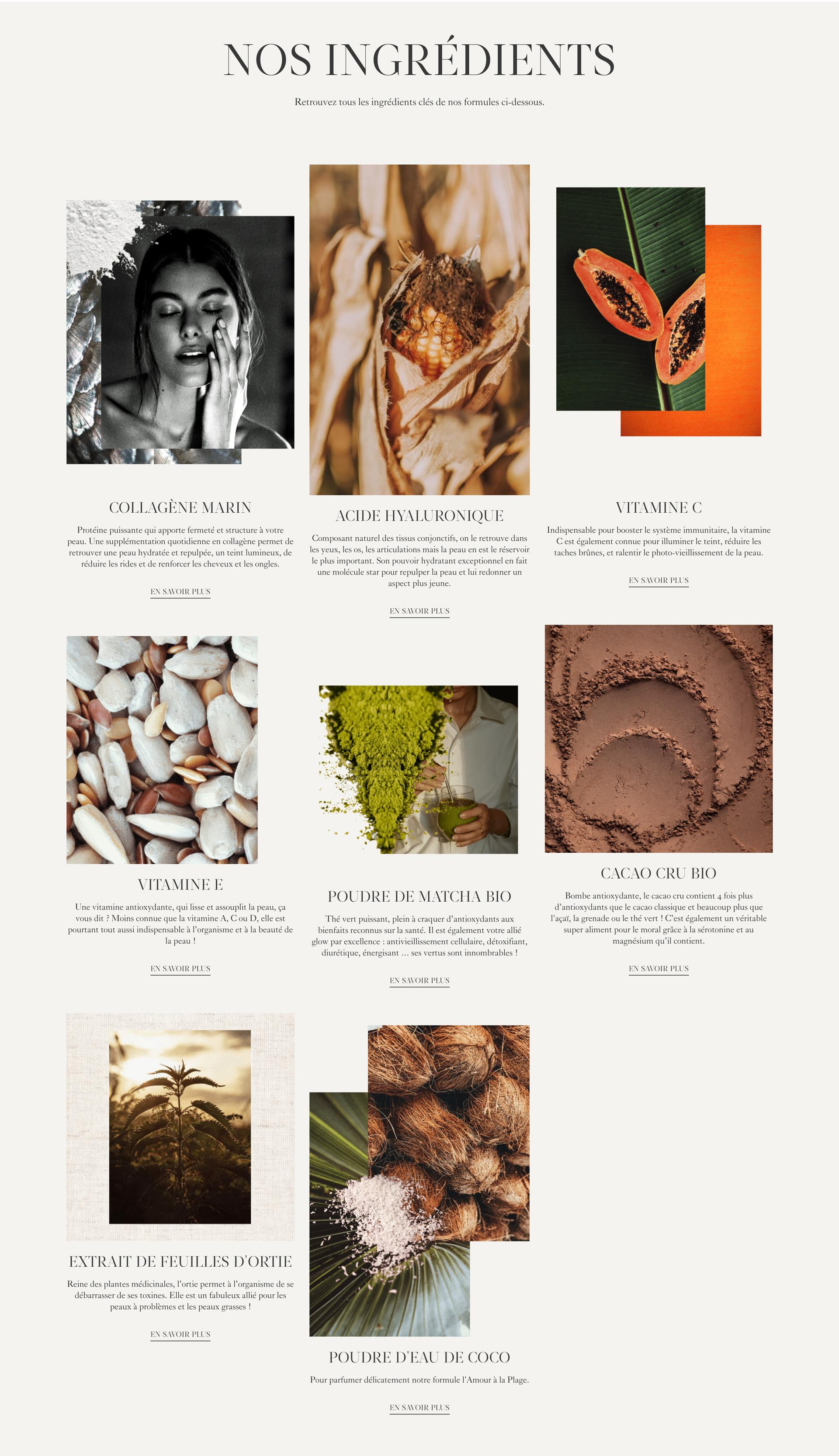 The Apnée ingredients page, a grid of ingredient photos with captions