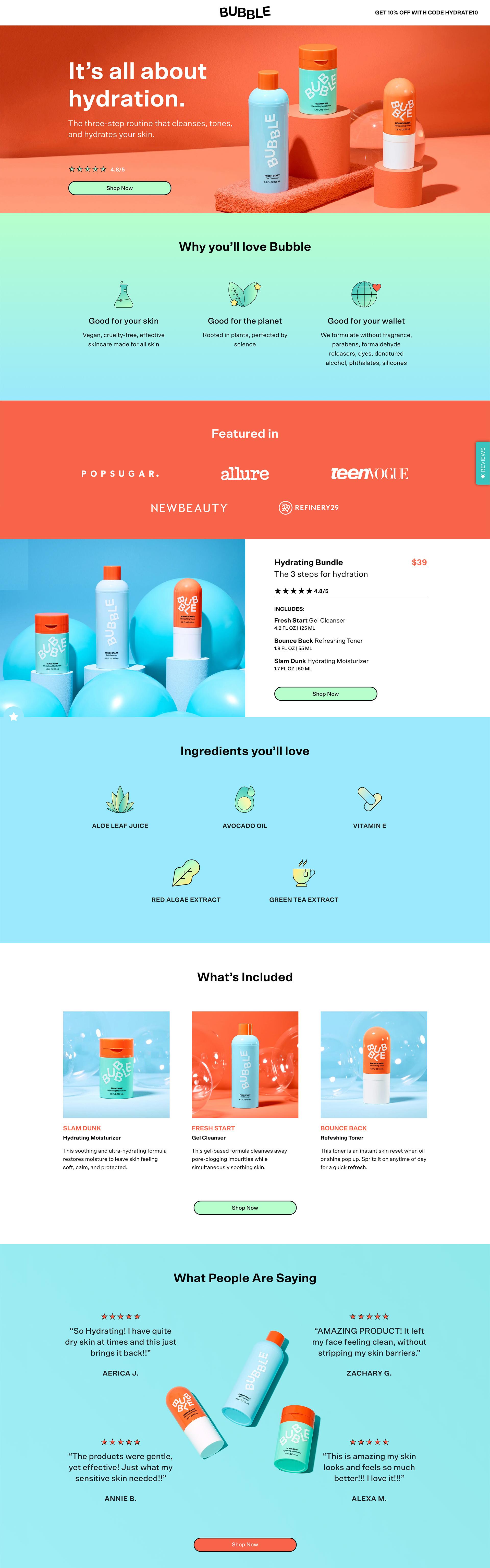 A long Bubble landing page with product sections and teen skincare imagery