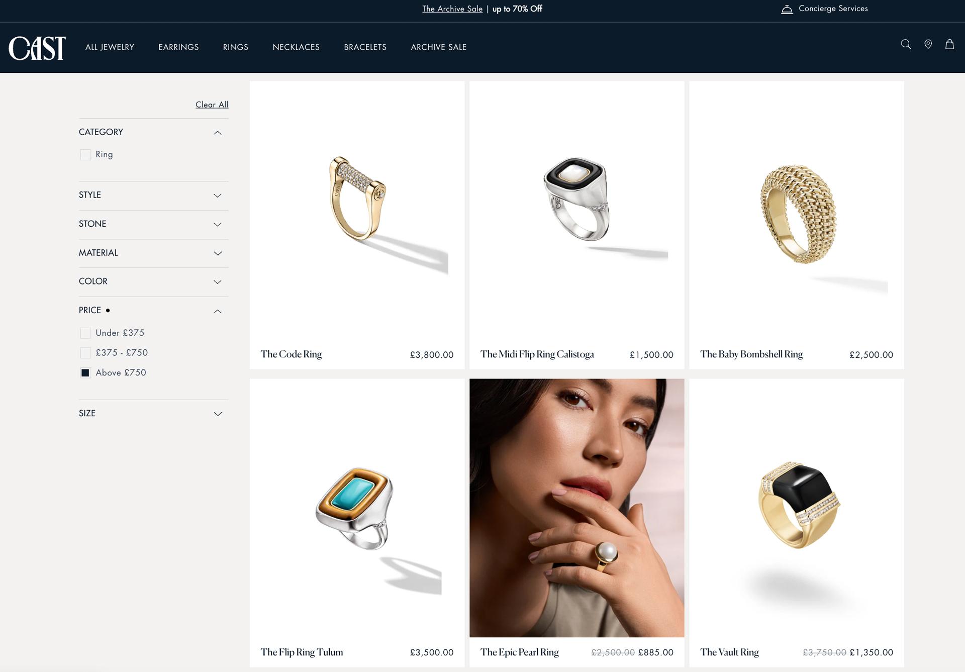 The CAST rings listing page, with filters for category, style, stone, material, color, price and size