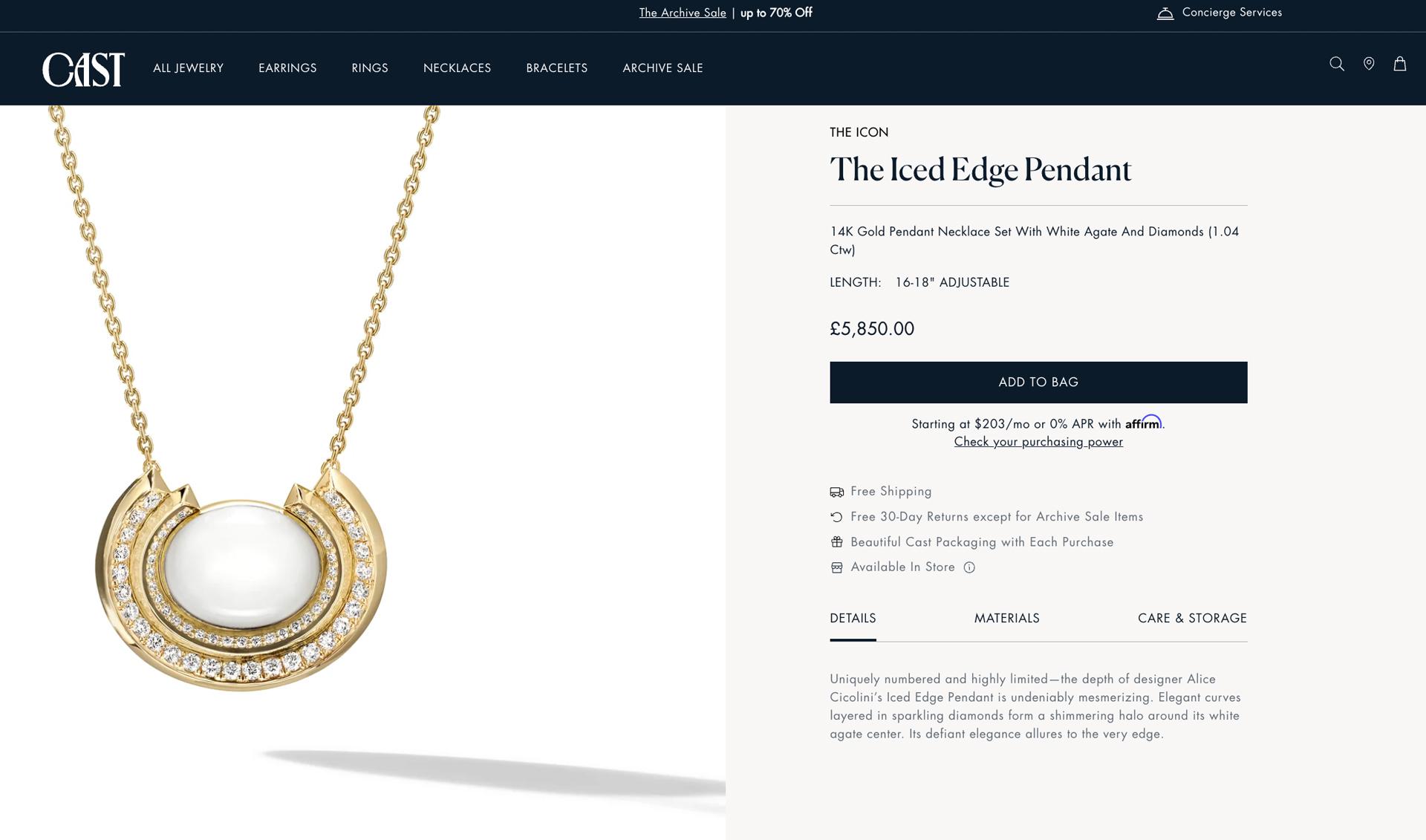 A CAST product page for the Iced Edge Pendant, with length options and an Add to Bag button
