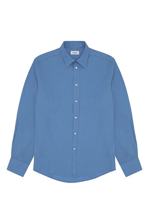 Blue linen shirt product shot on a white background
