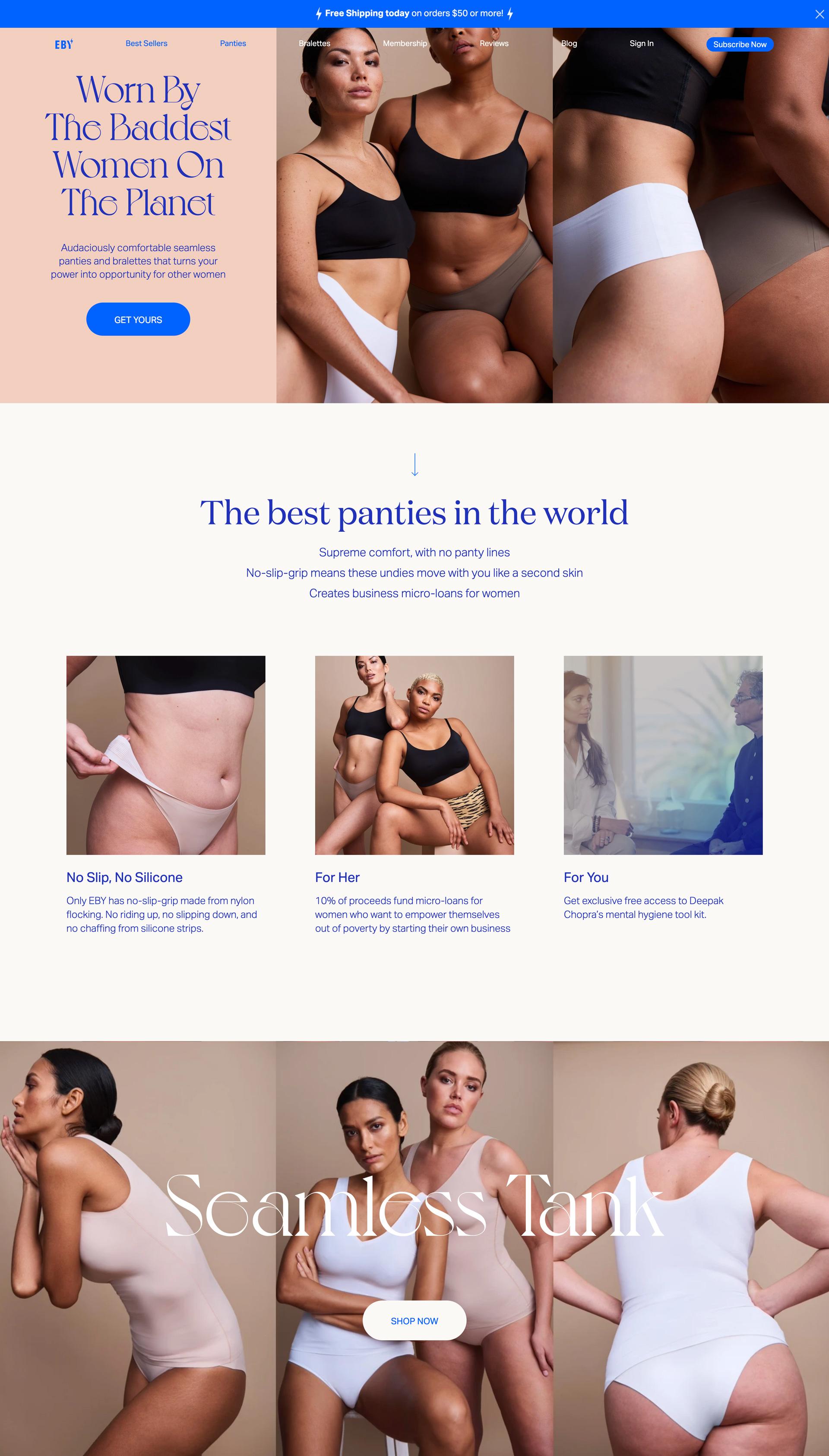 The EBY homepage, with hero imagery and the best panties in the world section