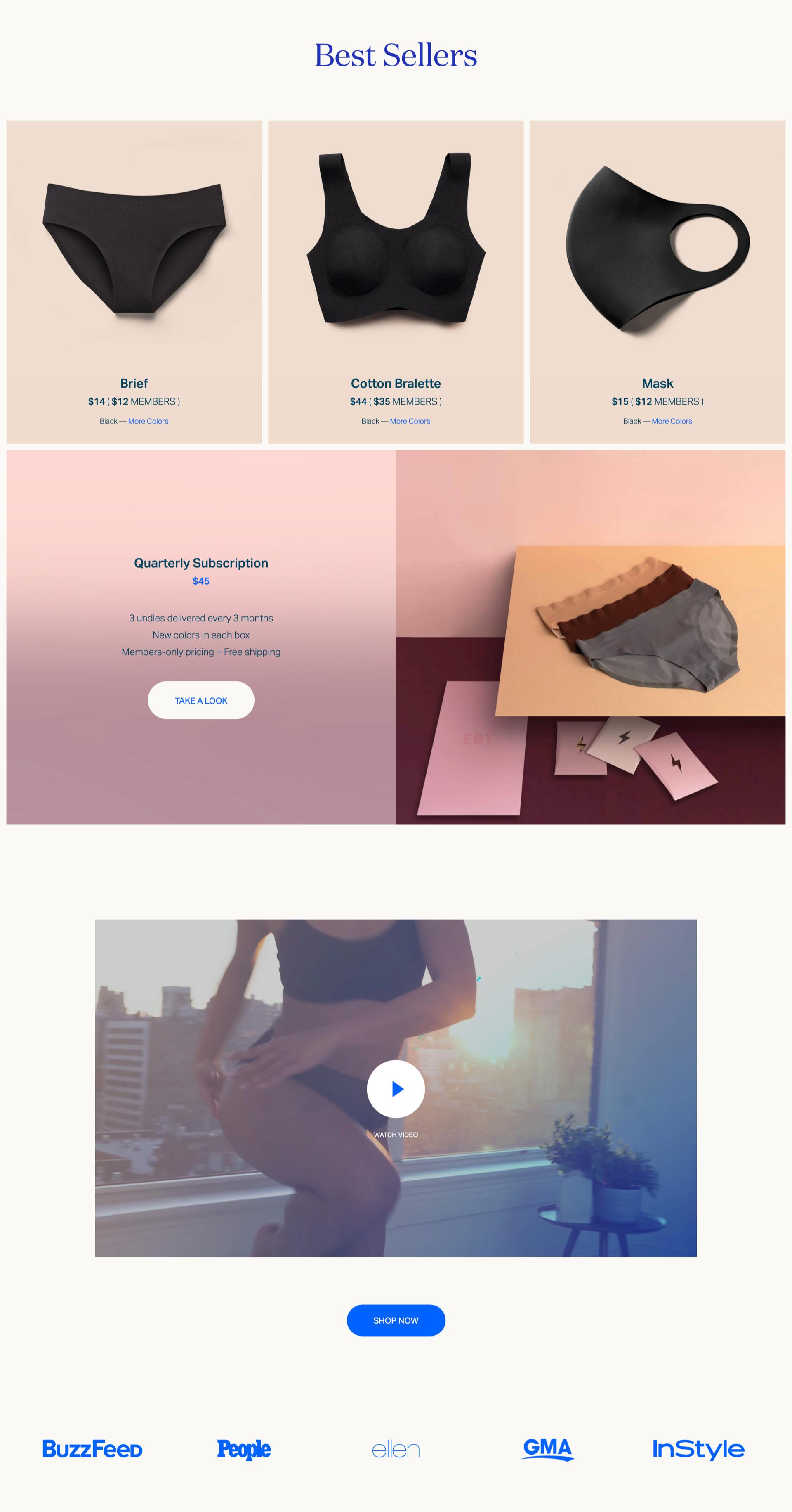 The EBY best sellers and subscription sections of the homepage