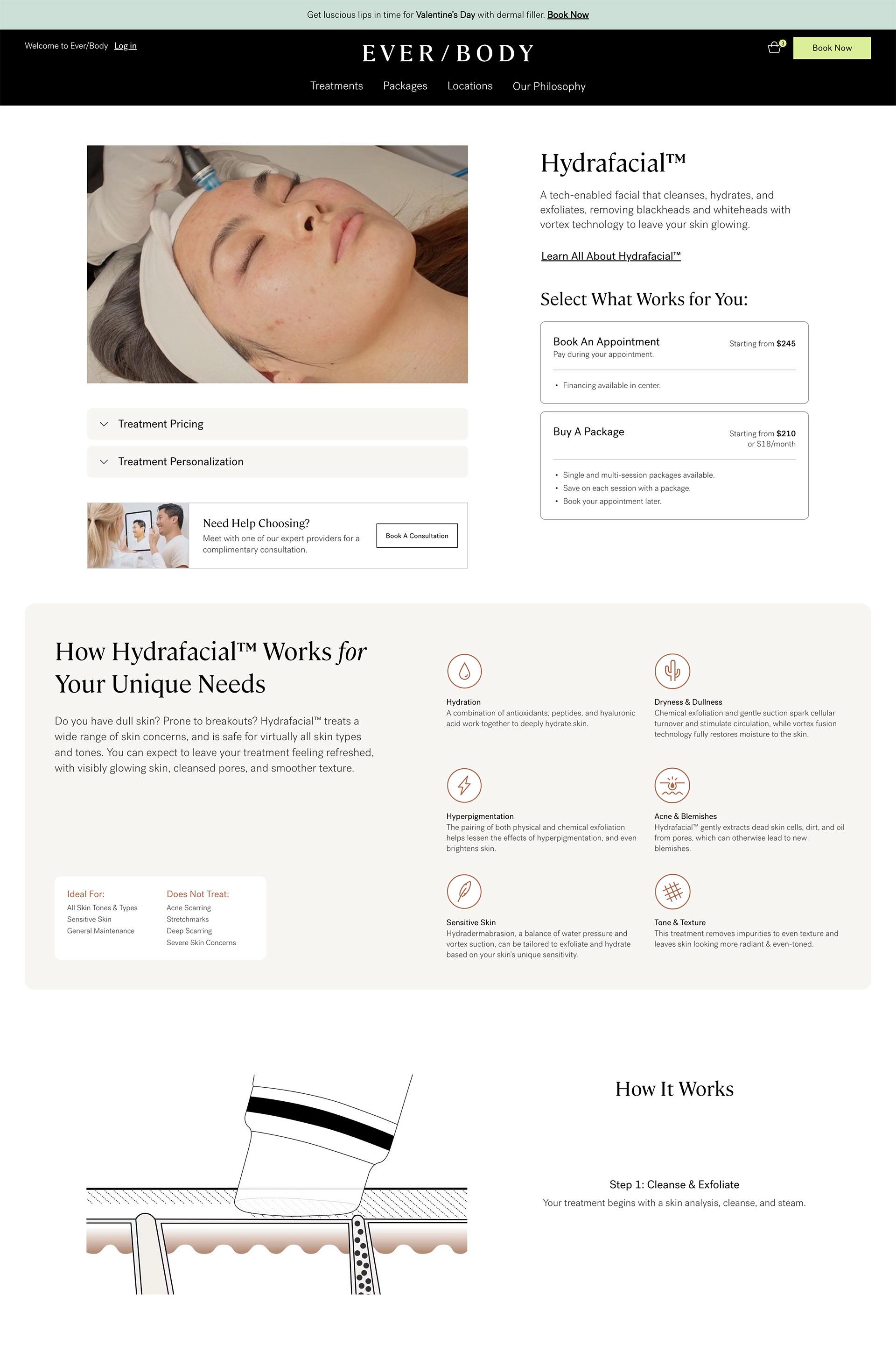 An Ever/Body treatment product page for the Hydrafacial, with booking options and how-it-works sections