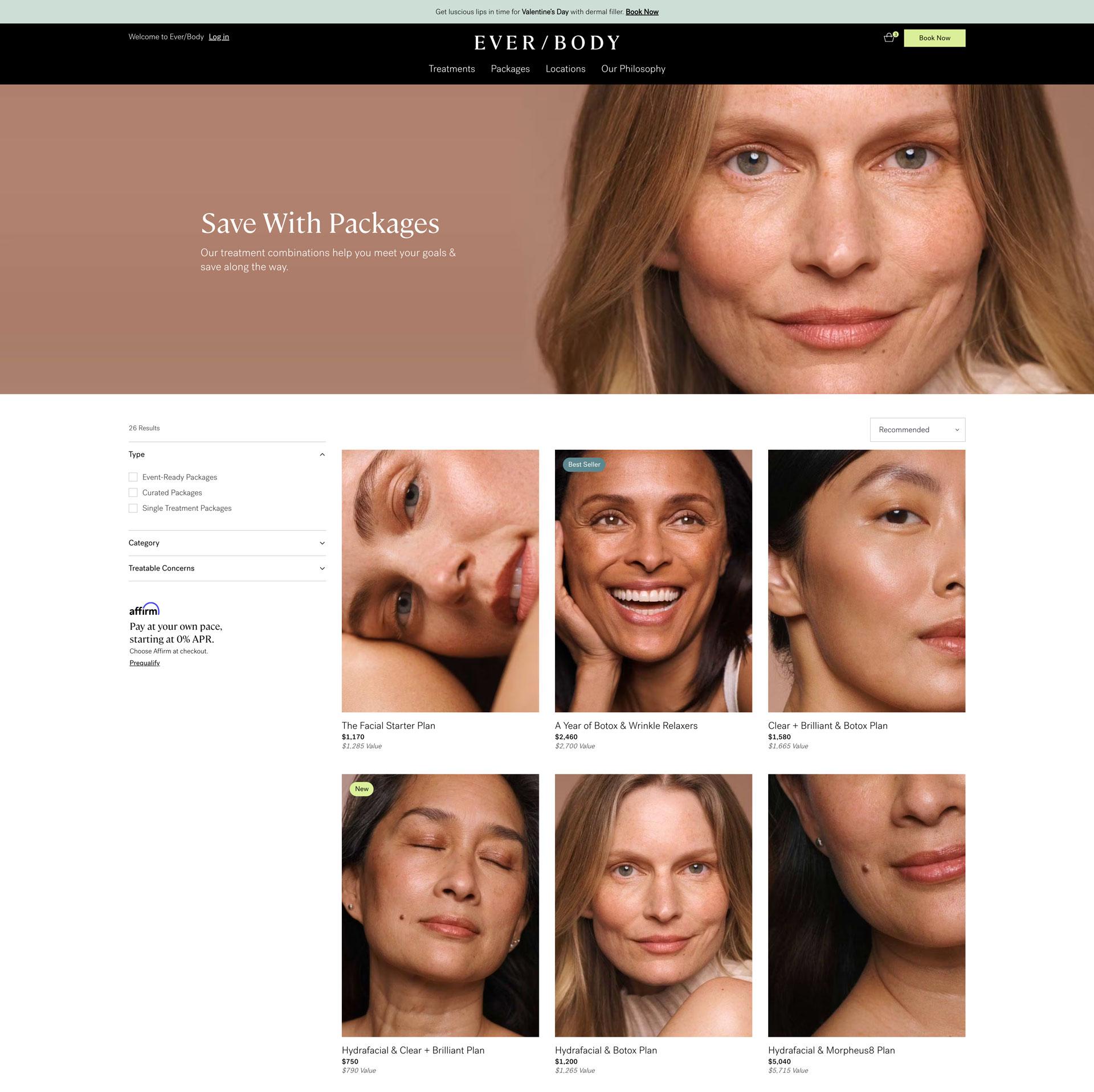 The Ever/Body packages listing page, with a Save With Packages banner and a grid of package products