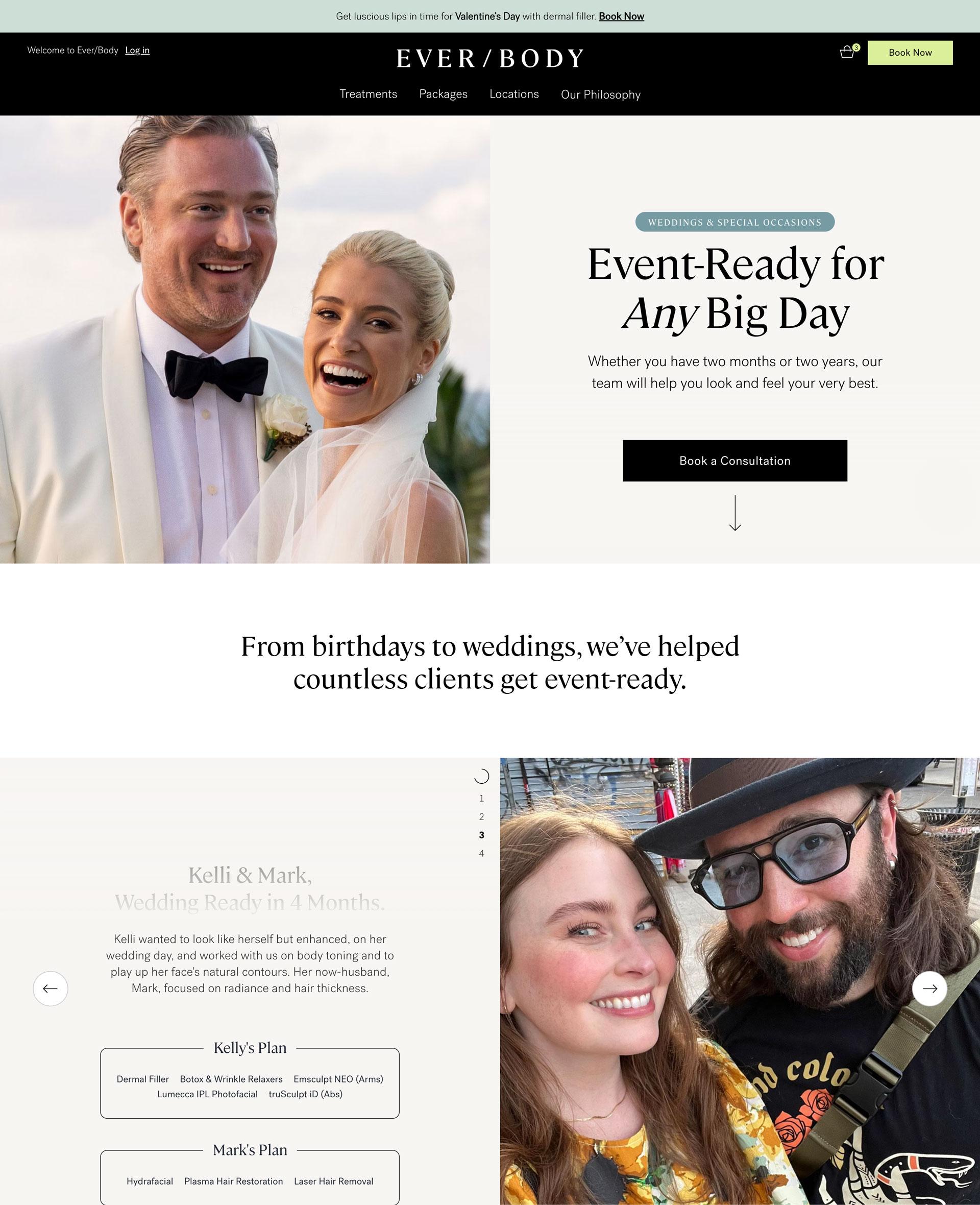 The Ever/Body Event-Ready page, with wedding photography and client stories