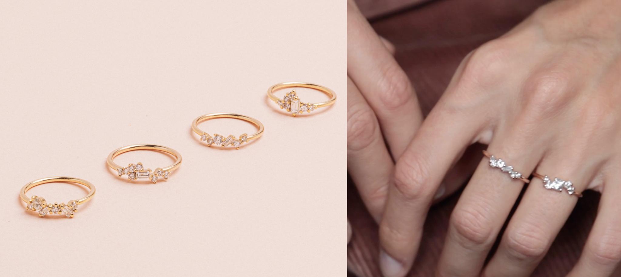 Four Héloïse & Abélard diamond rings in recycled gold, and two worn on a hand