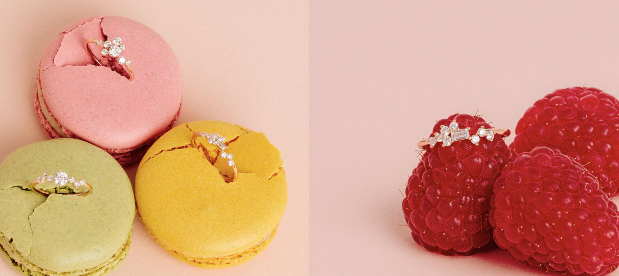 Héloïse & Abélard diamond rings set on macarons and raspberries