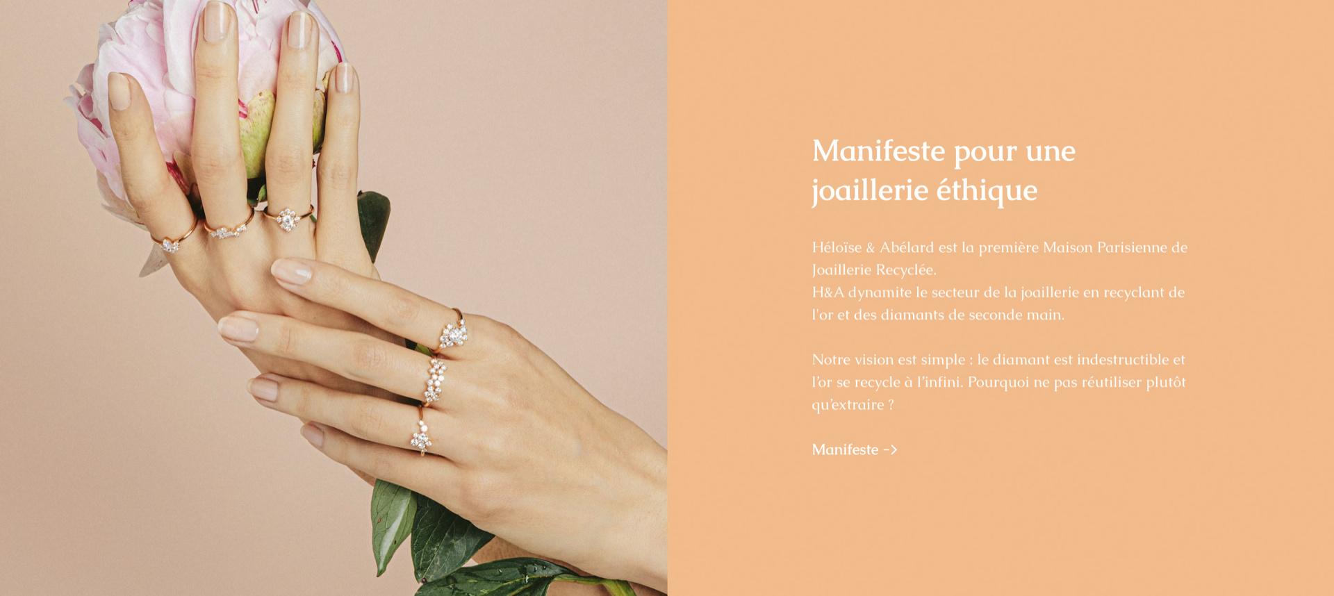 The Héloïse & Abélard ethical jewelry manifesto, beside hands wearing diamond rings and holding a peony