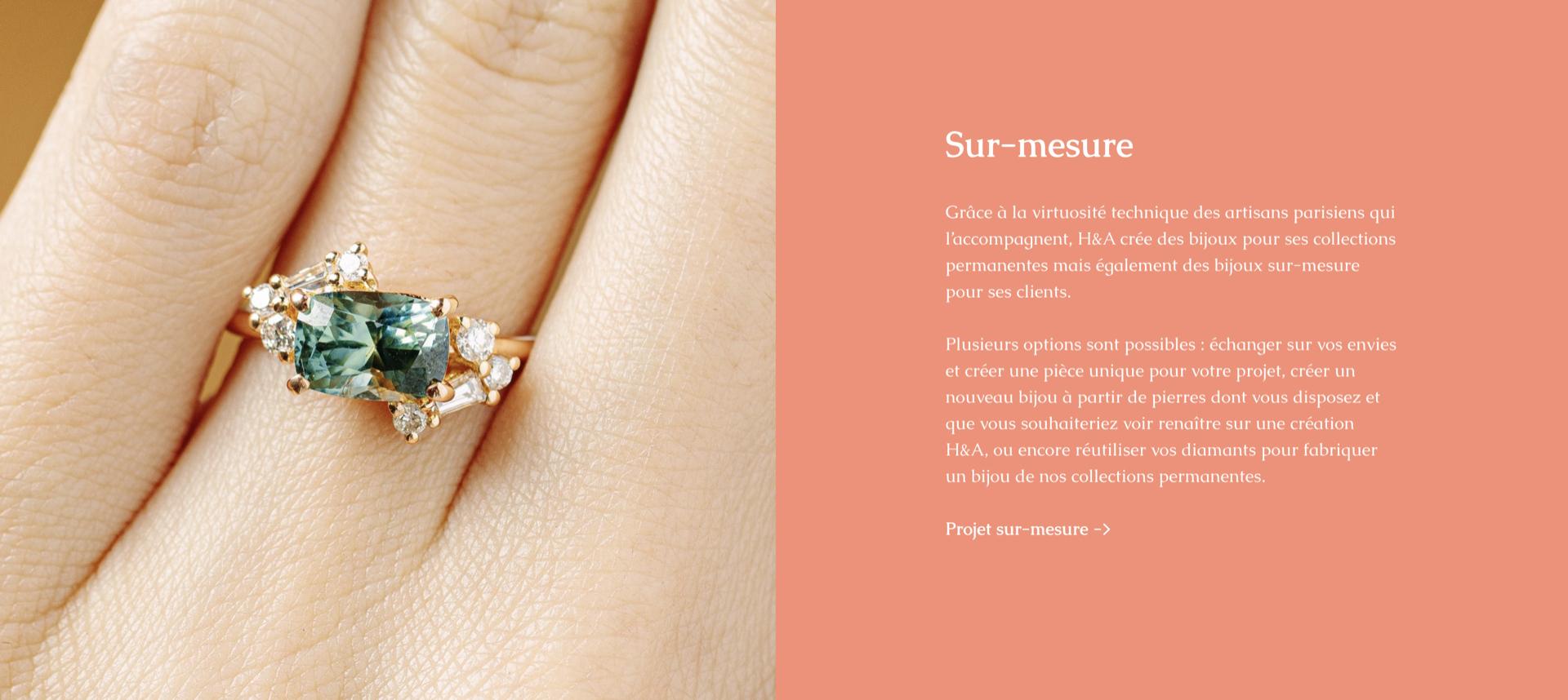 The Héloïse & Abélard bespoke jewelry section, beside a green gemstone and diamond ring