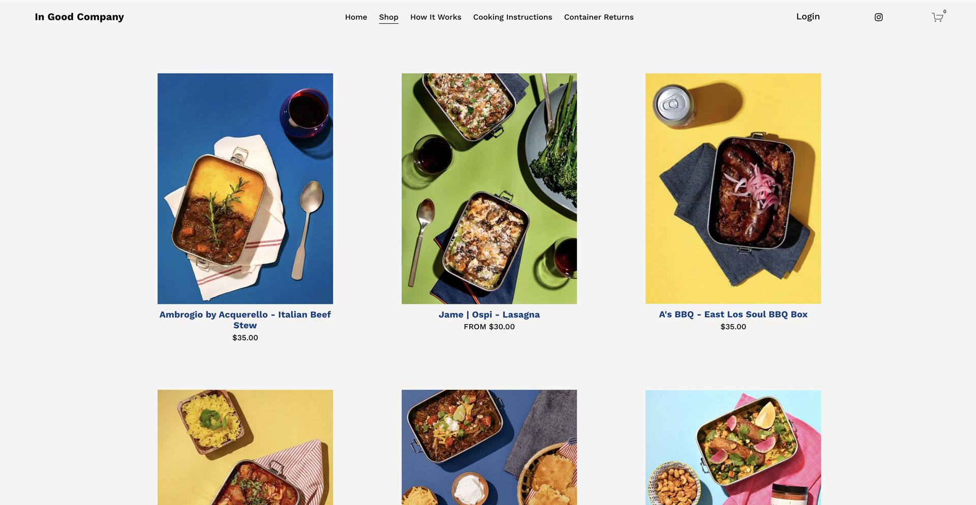 The In Good Company shop listing — a grid of meal boxes photographed from above with dish names and prices