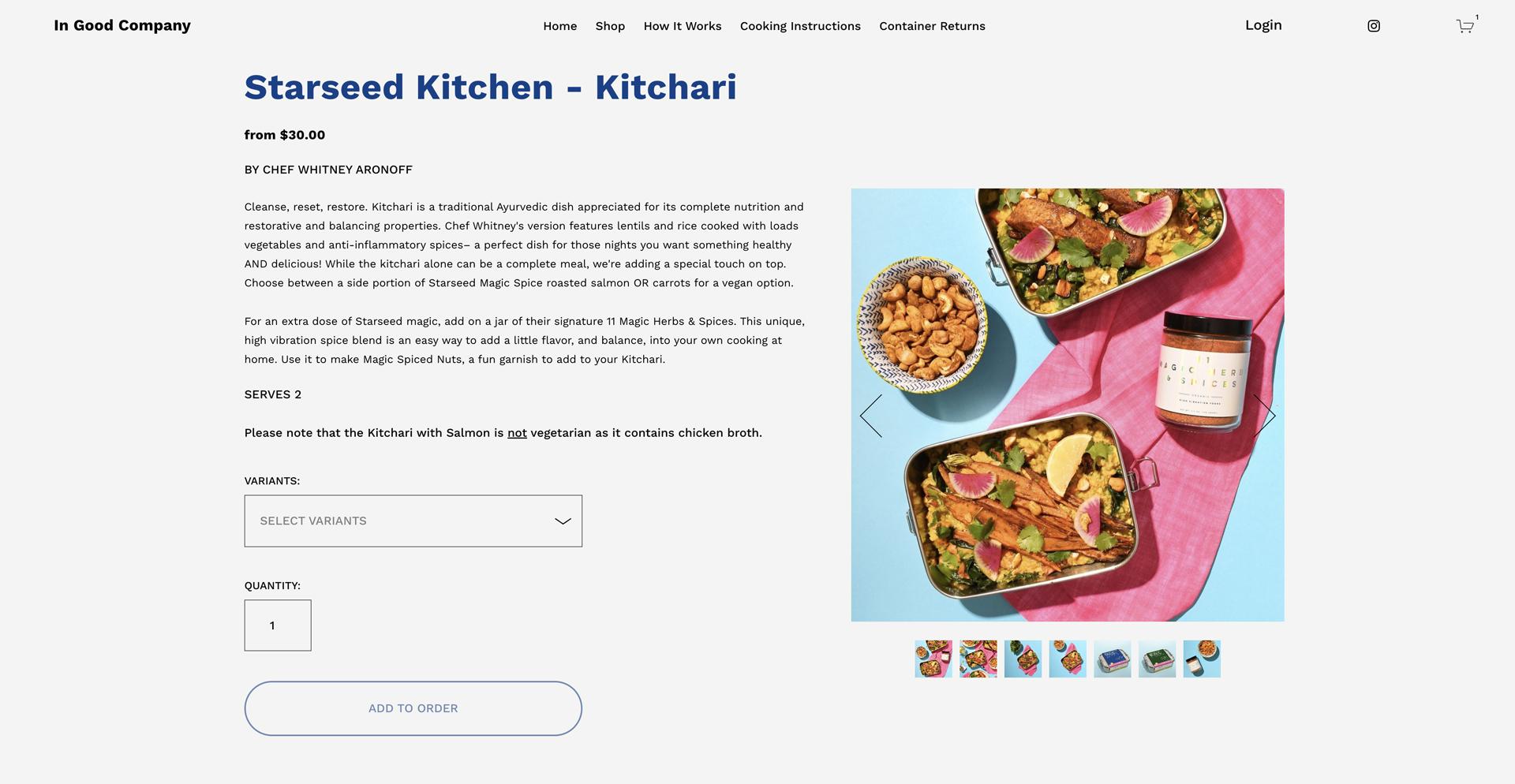 The In Good Company product page for Starseed Kitchen's Kitchari, with the dish, chef's notes and order options