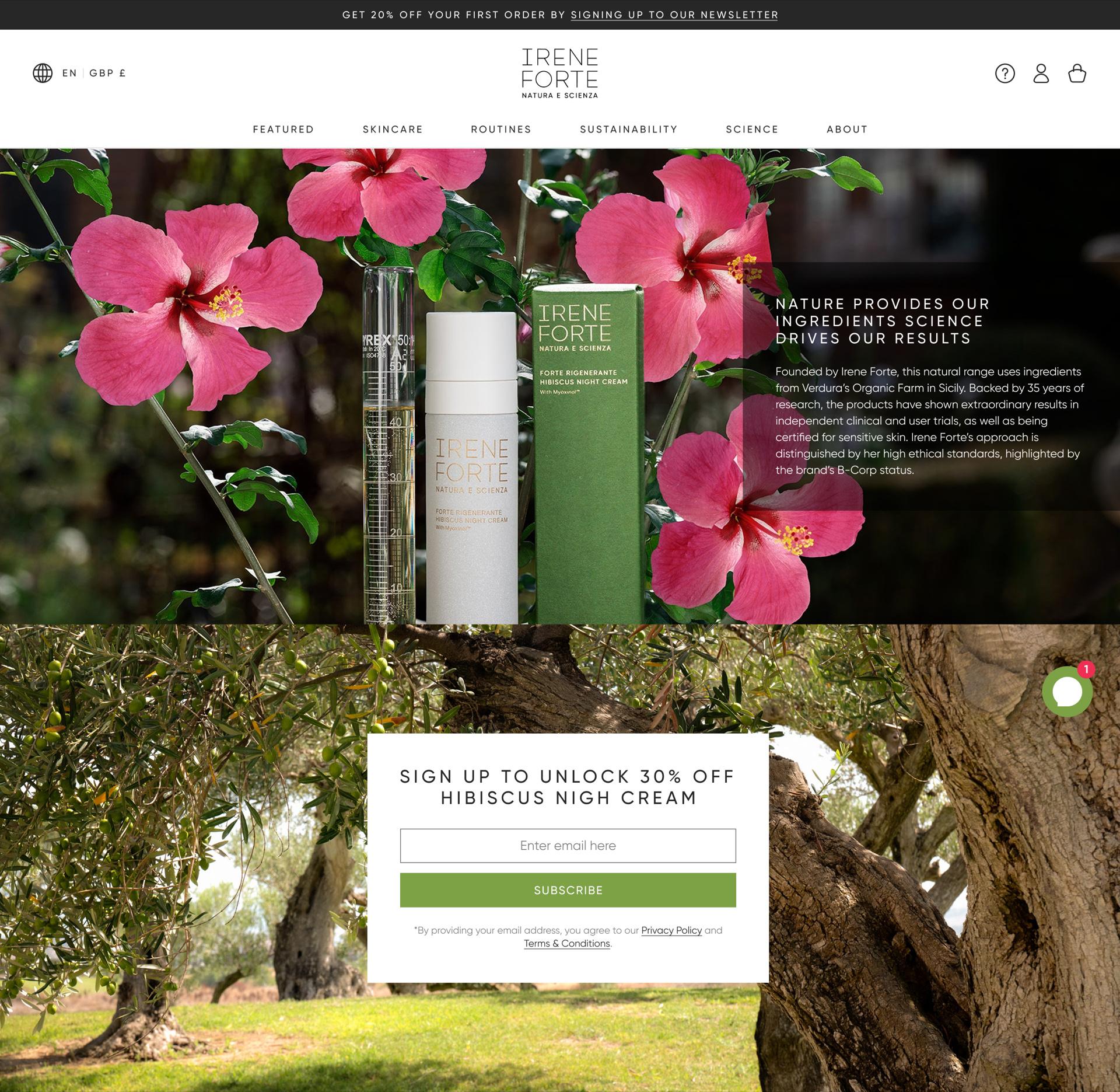 The Irene Forte Hibiscus landing page, with a sign-up form offering 30% off the Hibiscus Night Cream