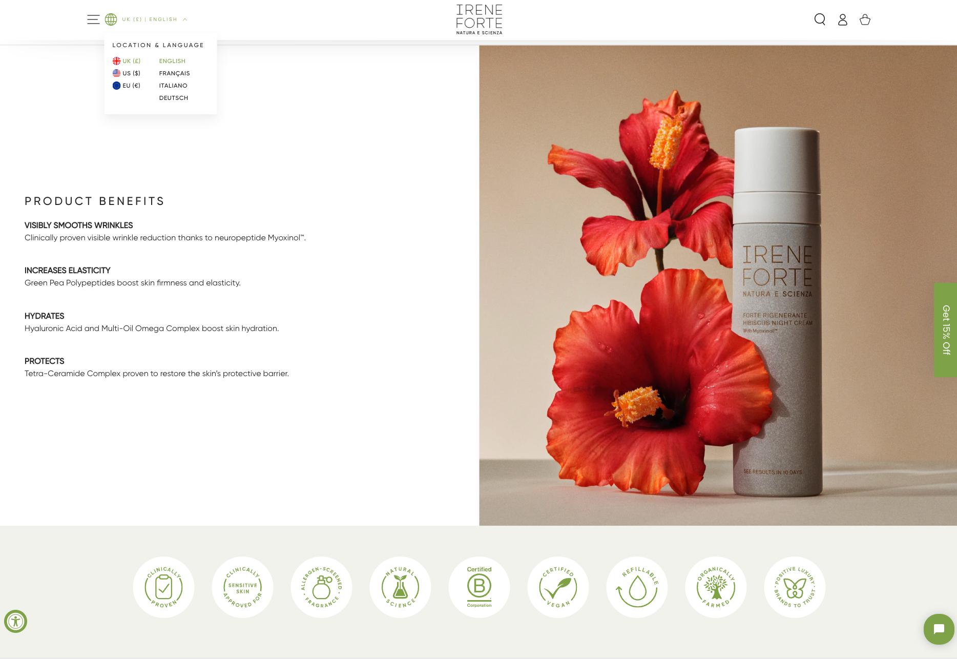 An Irene Forte product page with the currency and language selector open