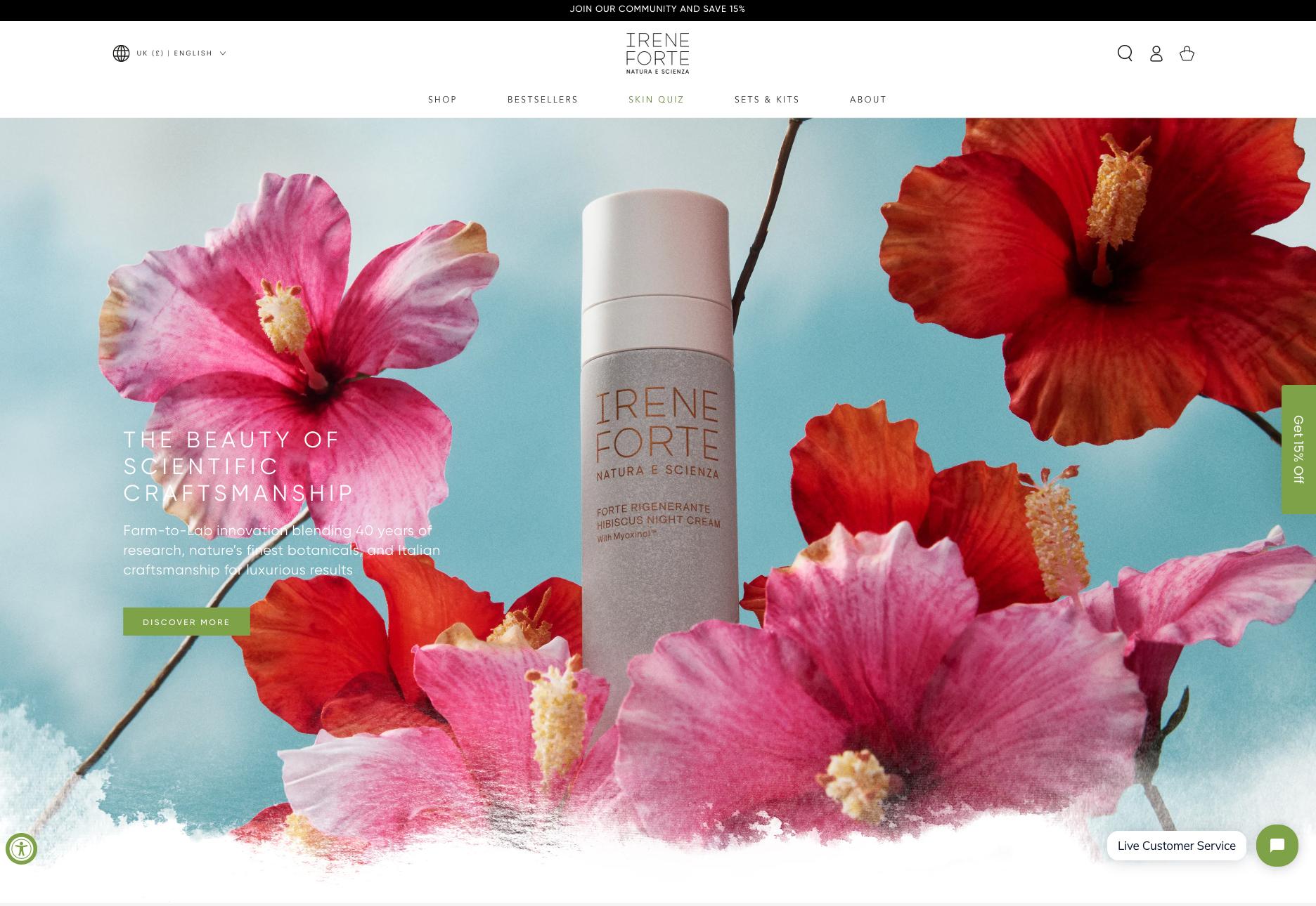 The Irene Forte homepage, with a Hibiscus product hero surrounded by pink and red flowers