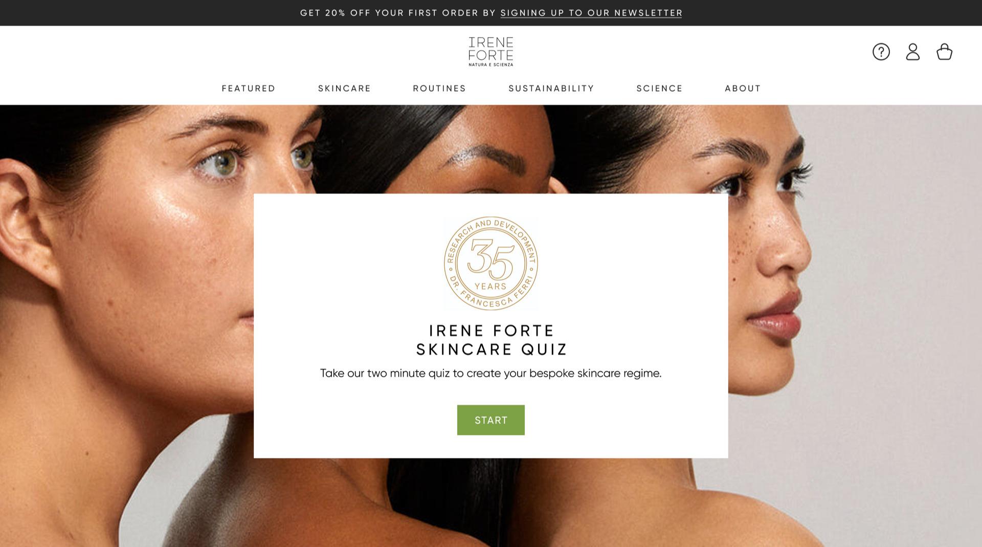 The start screen of the Irene Forte skincare quiz, over three models' faces