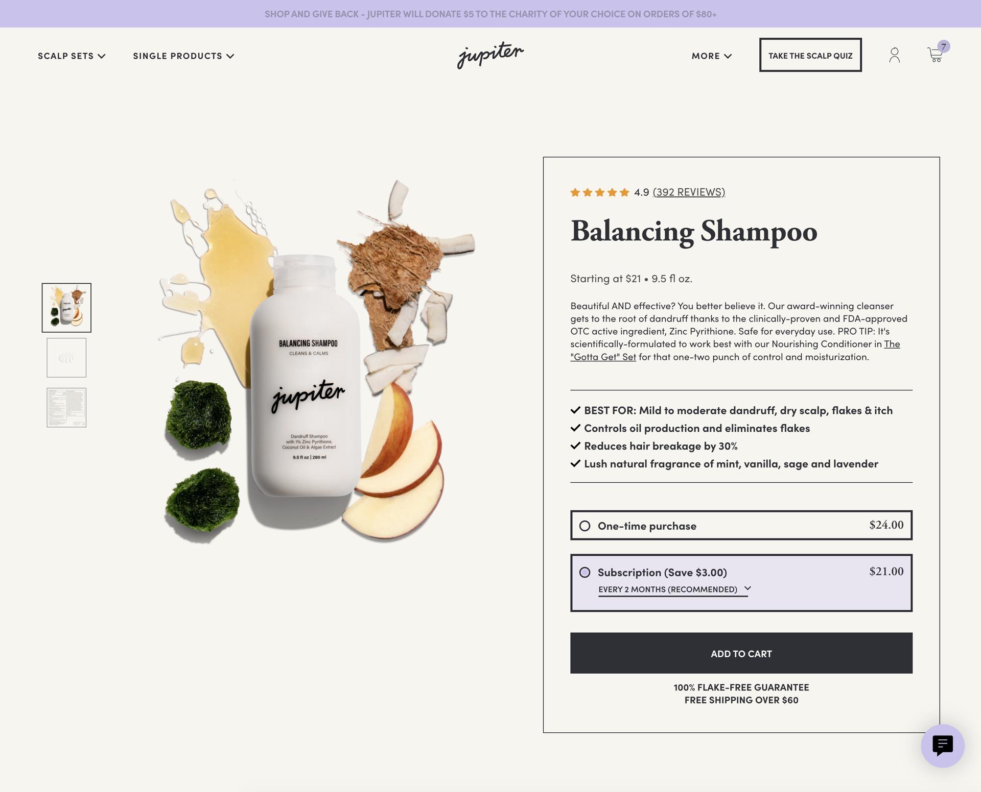 Jupiter's Balancing Shampoo product page, showing its rating, benefit list and the choice between one-time and subscription pricing