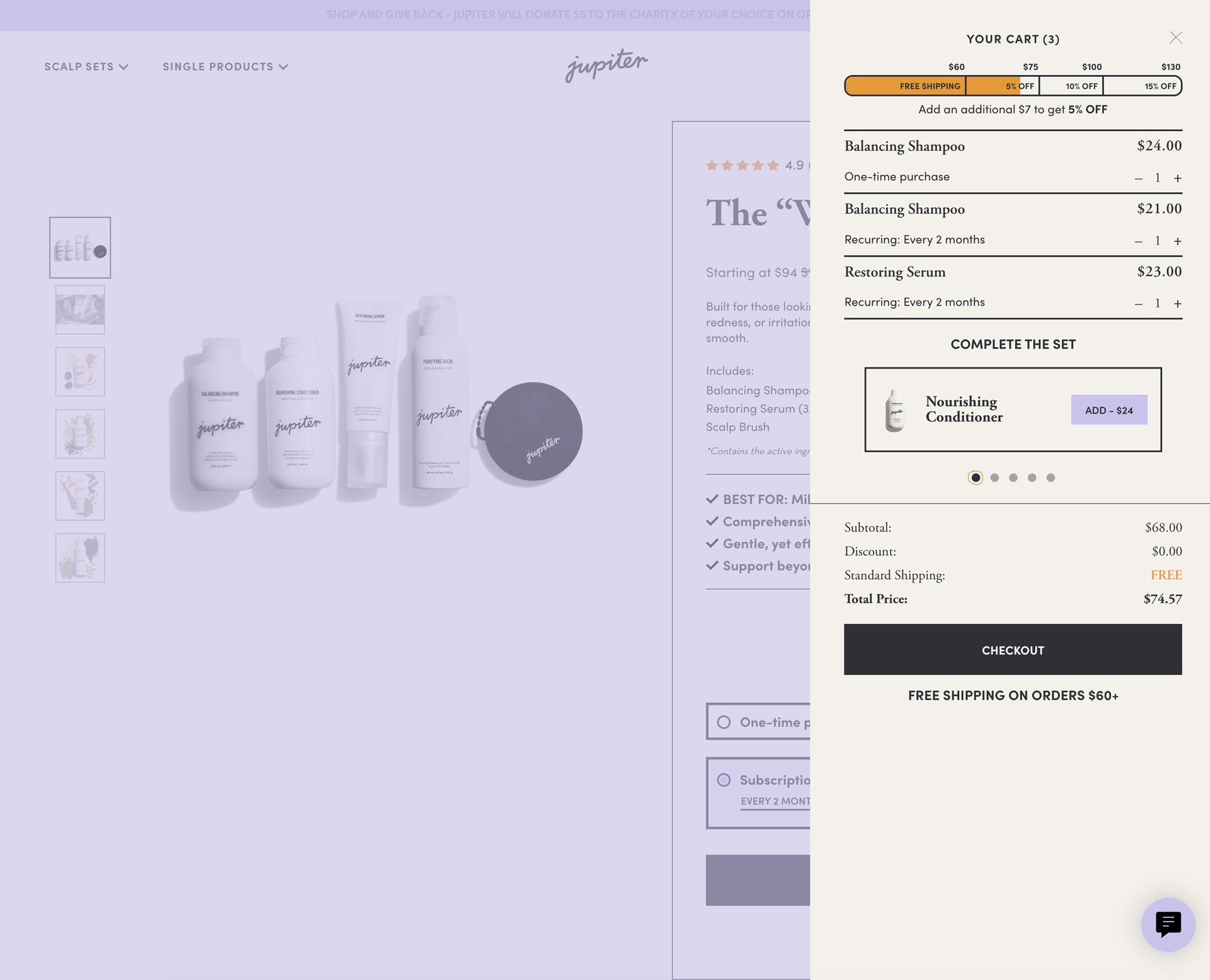 Jupiter's cart drawer open over a product page, listing subscription and one-time items above a free-shipping progress bar