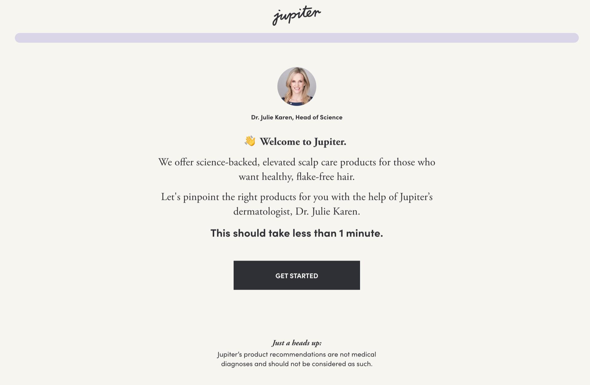 The start screen of Jupiter's hair and scalp quiz, introduced by its dermatologist, Dr. Julie Karen
