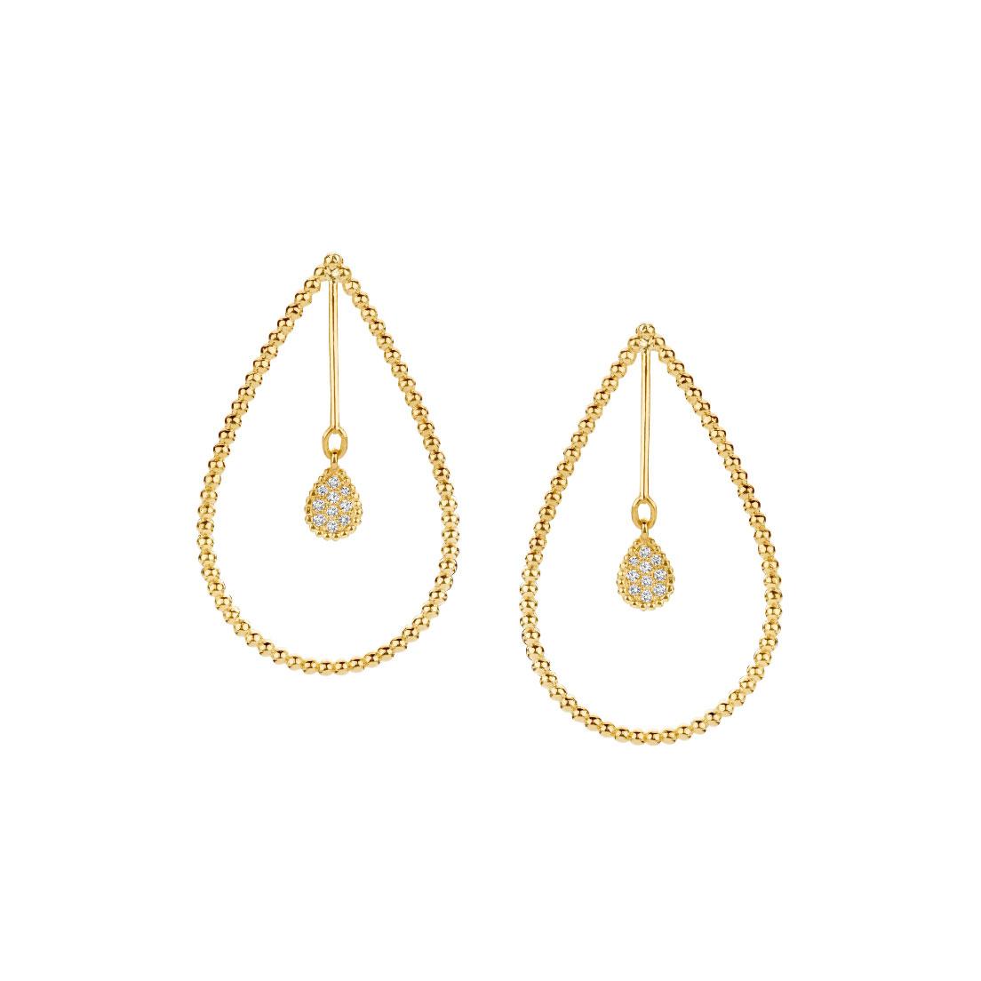 A pair of Kimai gold teardrop hoop earrings with pavé diamond drops