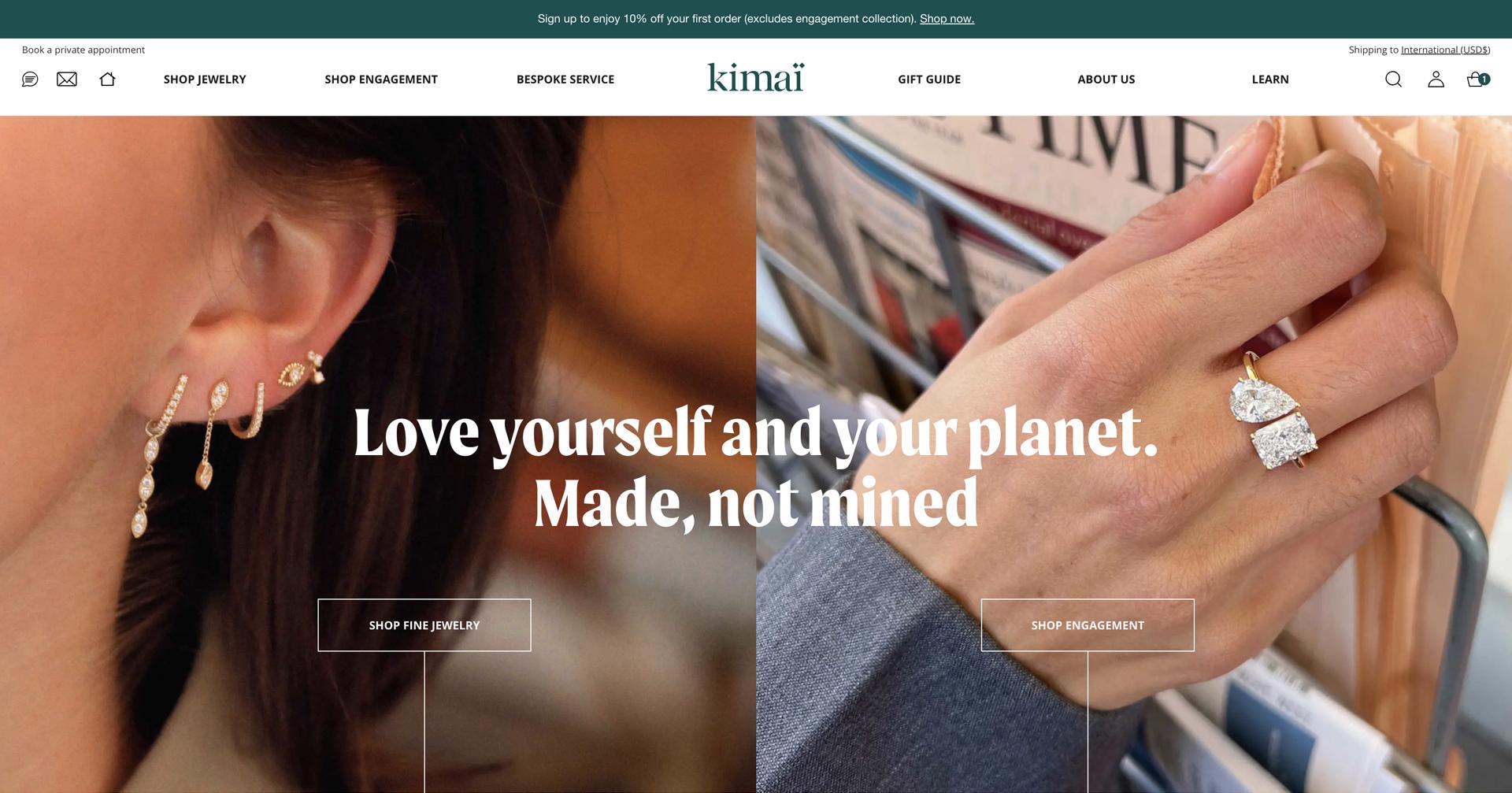 The Kimai homepage, with links to shop fine jewelry and engagement rings