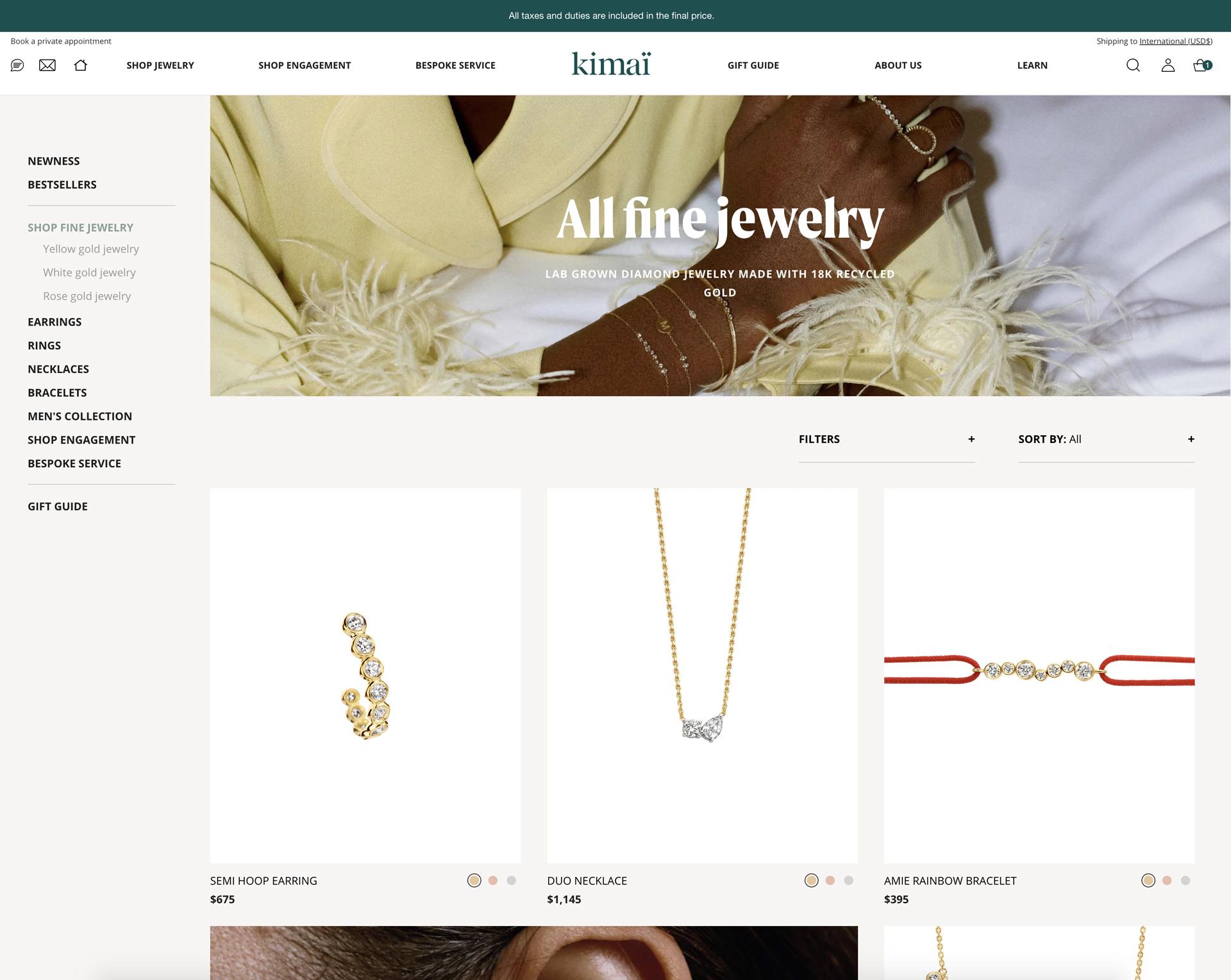 The Kimai fine jewelry collection page, with category navigation, filters and sort options
